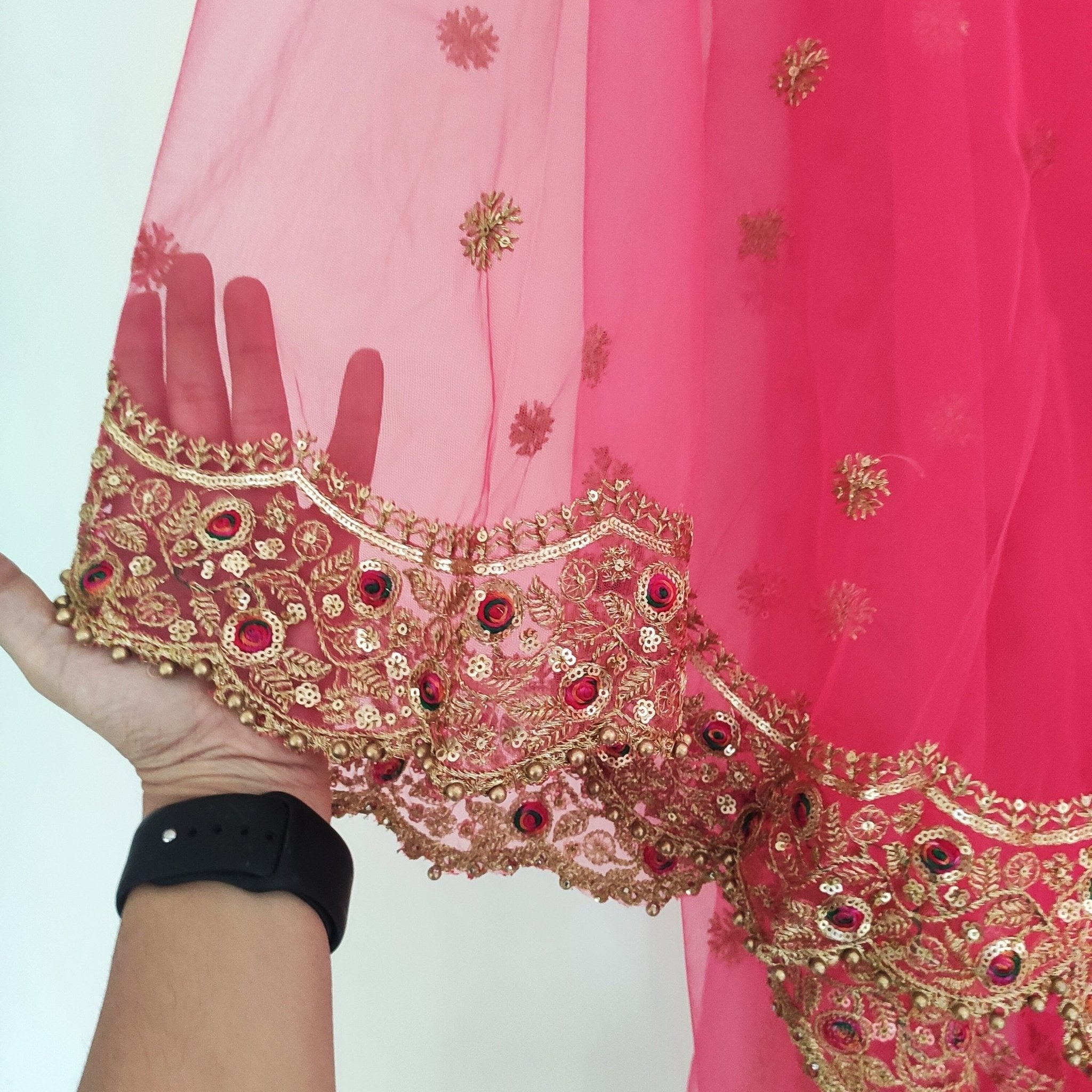 Indian dupatta veil for women. Lehenga dupatta Net beaded border Bridal pink dupatta. - Neel Creations By Saanvi
