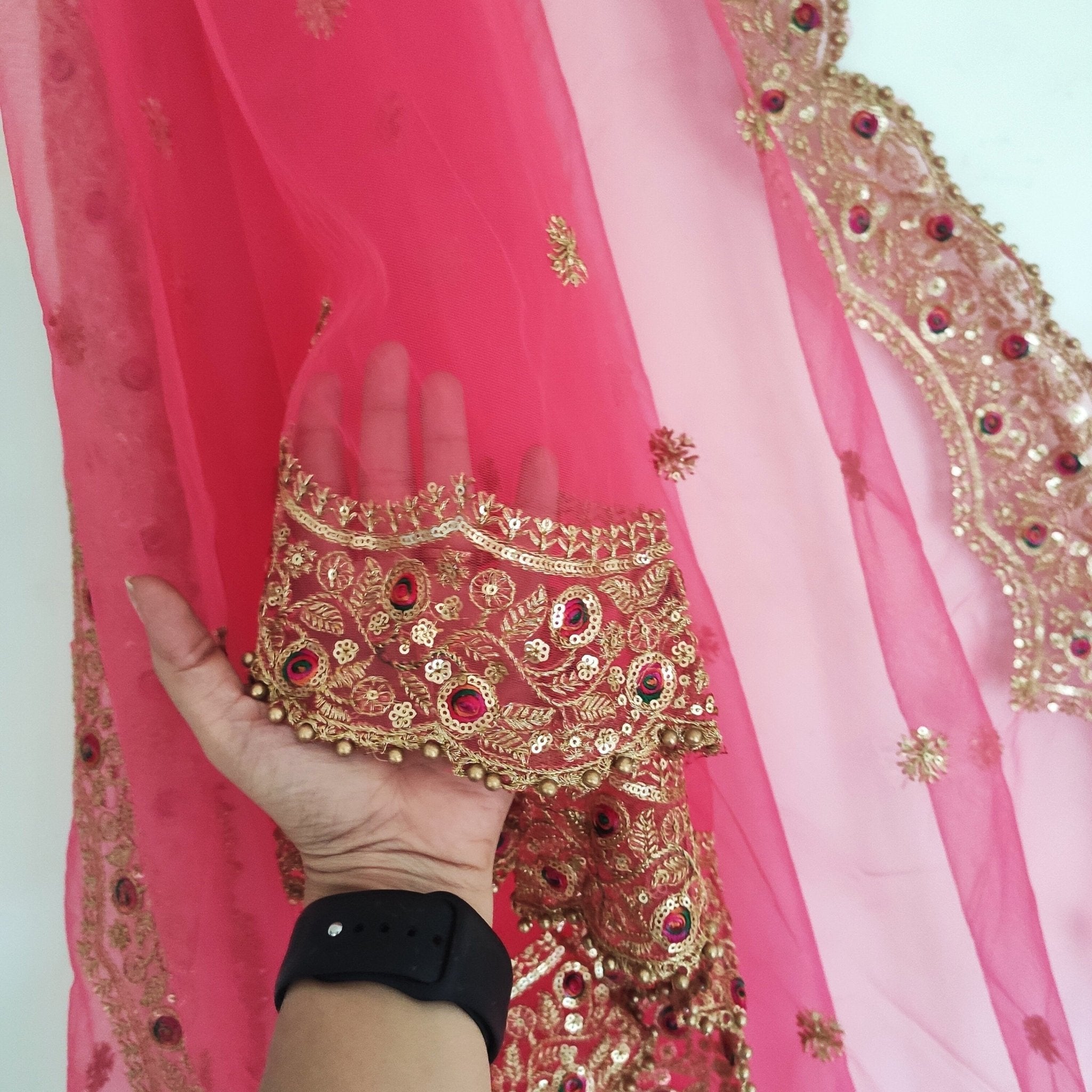 Indian dupatta veil for women. Lehenga dupatta Net beaded border Bridal pink dupatta. - Neel Creations By Saanvi