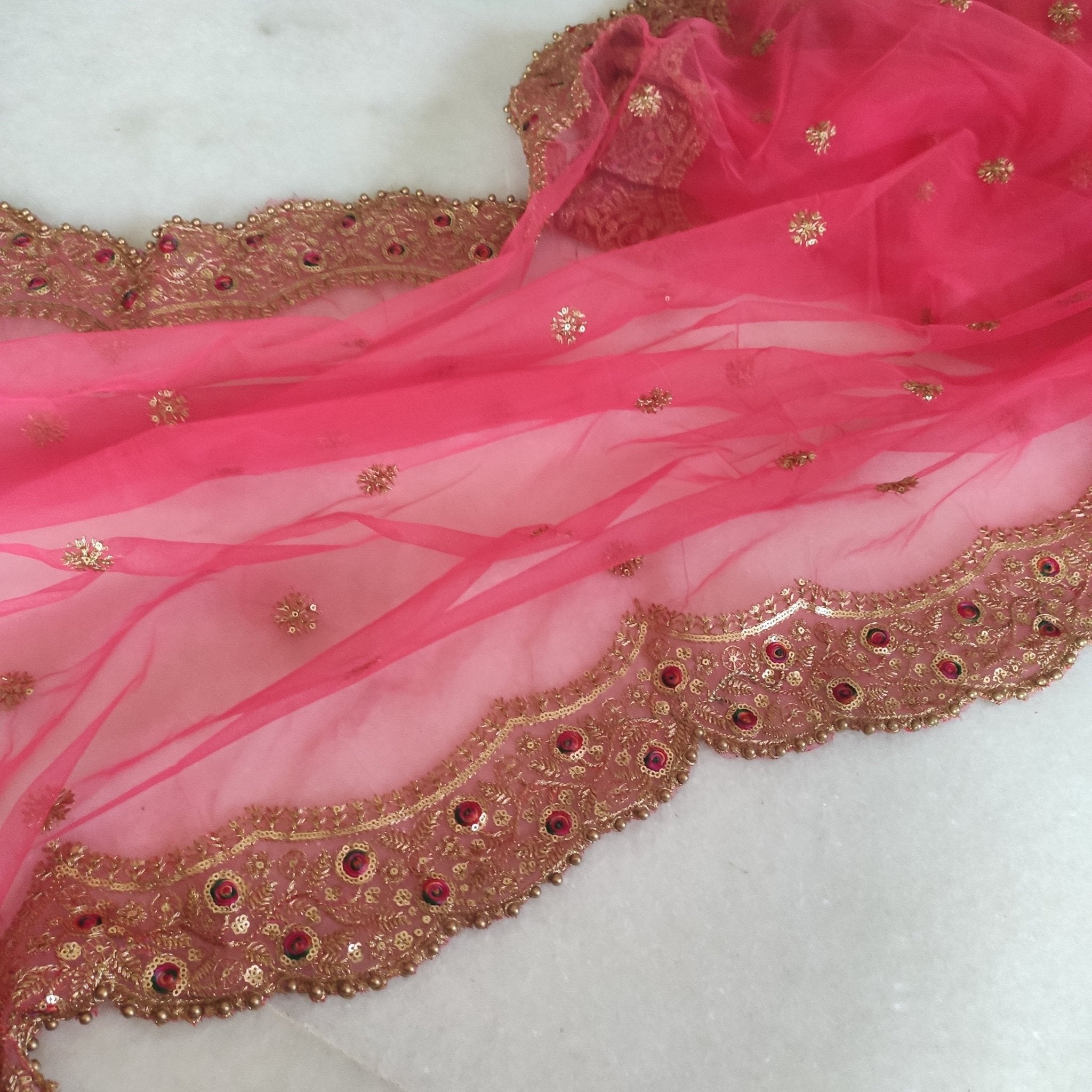 Indian dupatta veil for women. Lehenga dupatta Net beaded border Bridal pink dupatta. - Neel Creations By Saanvi