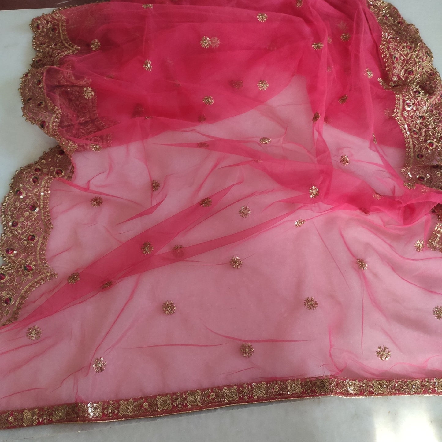 Indian dupatta veil for women. Lehenga dupatta Net beaded border Bridal pink dupatta. - Neel Creations By Saanvi