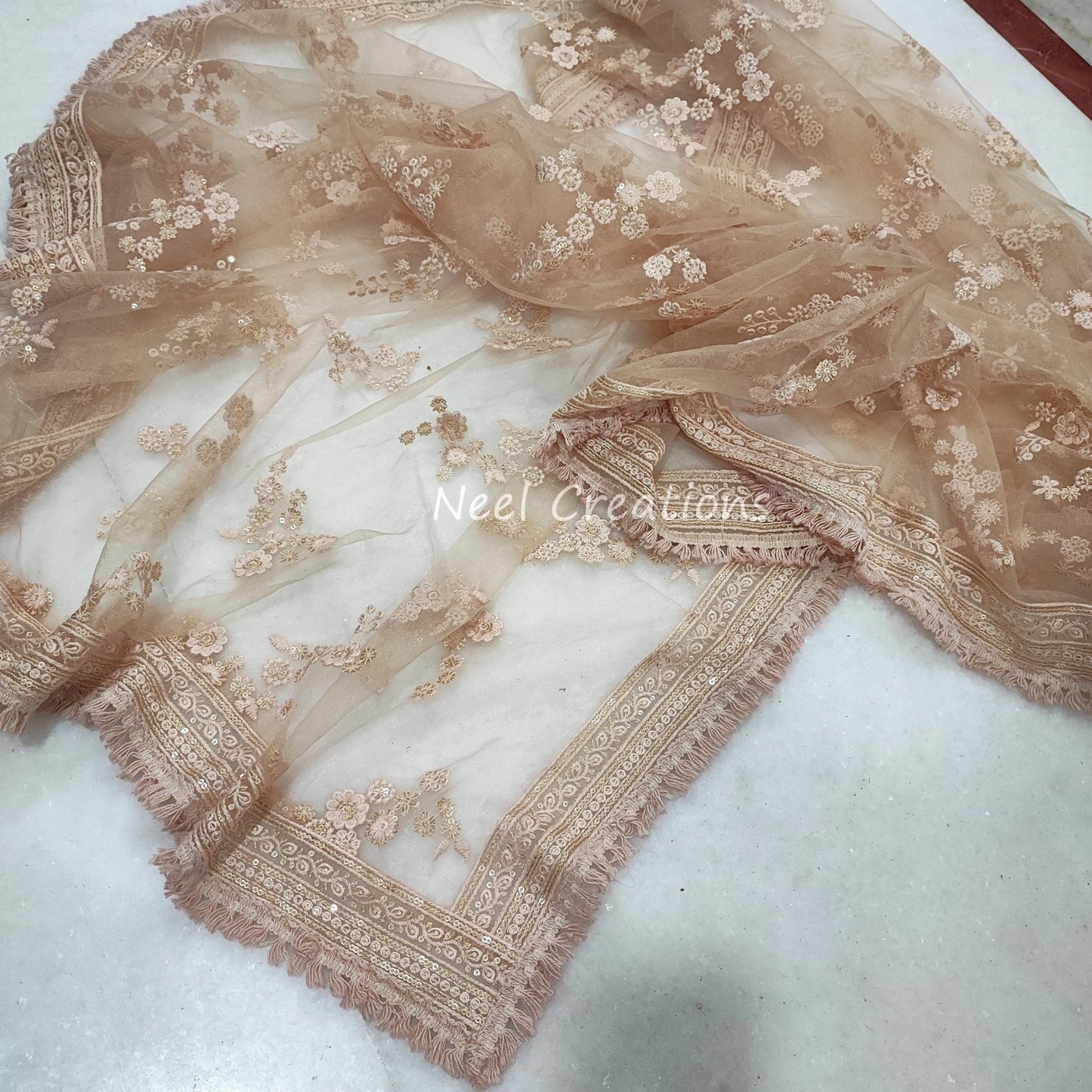 Indian Wedding Dupatta long net embroidered scarf Punjabi dress dupattas with thread and sequin embroidery for festival chunni lehenga stole - Neel Creations By Saanvi