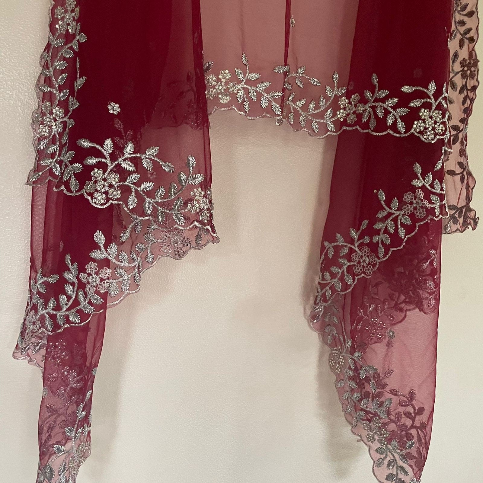Maroon Silver Indian Wedding Dupatta long net embroidered scarf Punjabi dress dupattas with zari embroidery for festival chunni lehenga - Neel Creations By Saanvi