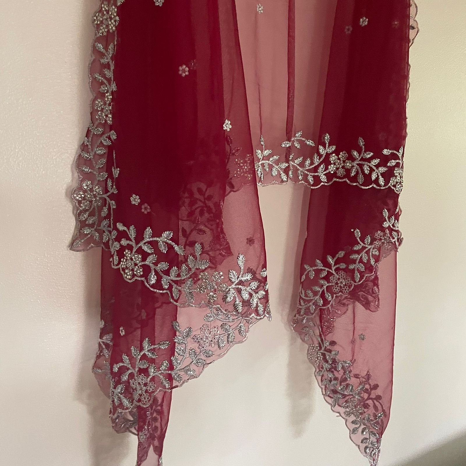 Maroon Silver Indian Wedding Dupatta long net embroidered scarf Punjabi dress dupattas with zari embroidery for festival chunni lehenga - Neel Creations By Saanvi