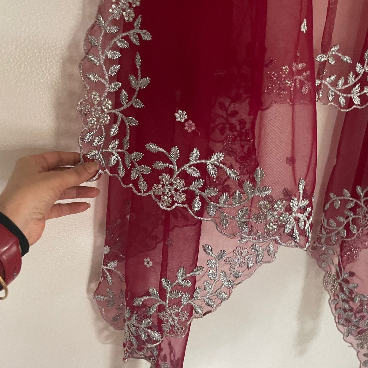 Maroon Silver Indian Wedding Dupatta long net embroidered scarf Punjabi dress dupattas with zari embroidery for festival chunni lehenga - Neel Creations By Saanvi