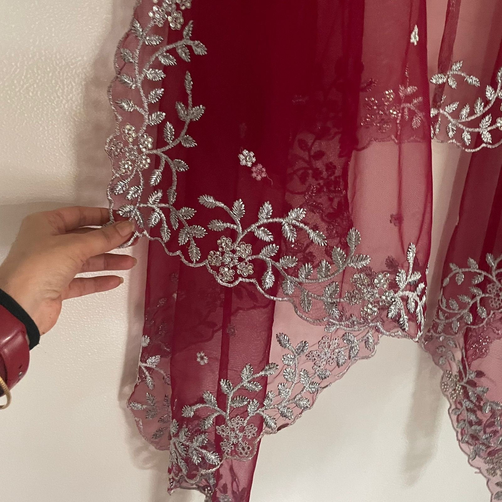 Maroon Silver Indian Wedding Dupatta long net embroidered scarf Punjabi dress dupattas with zari embroidery for festival chunni lehenga - Neel Creations By Saanvi