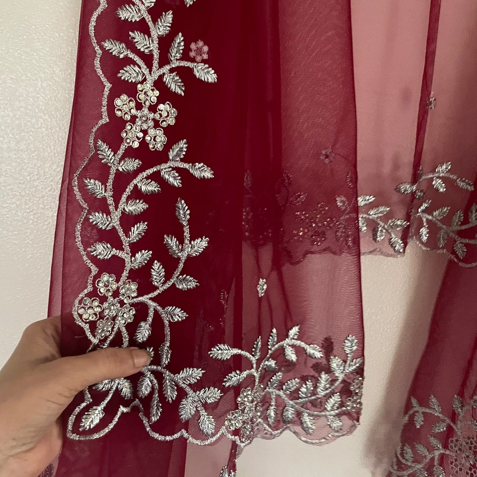 Maroon Silver Indian Wedding Dupatta long net embroidered scarf Punjabi dress dupattas with zari embroidery for festival chunni lehenga - Neel Creations By Saanvi