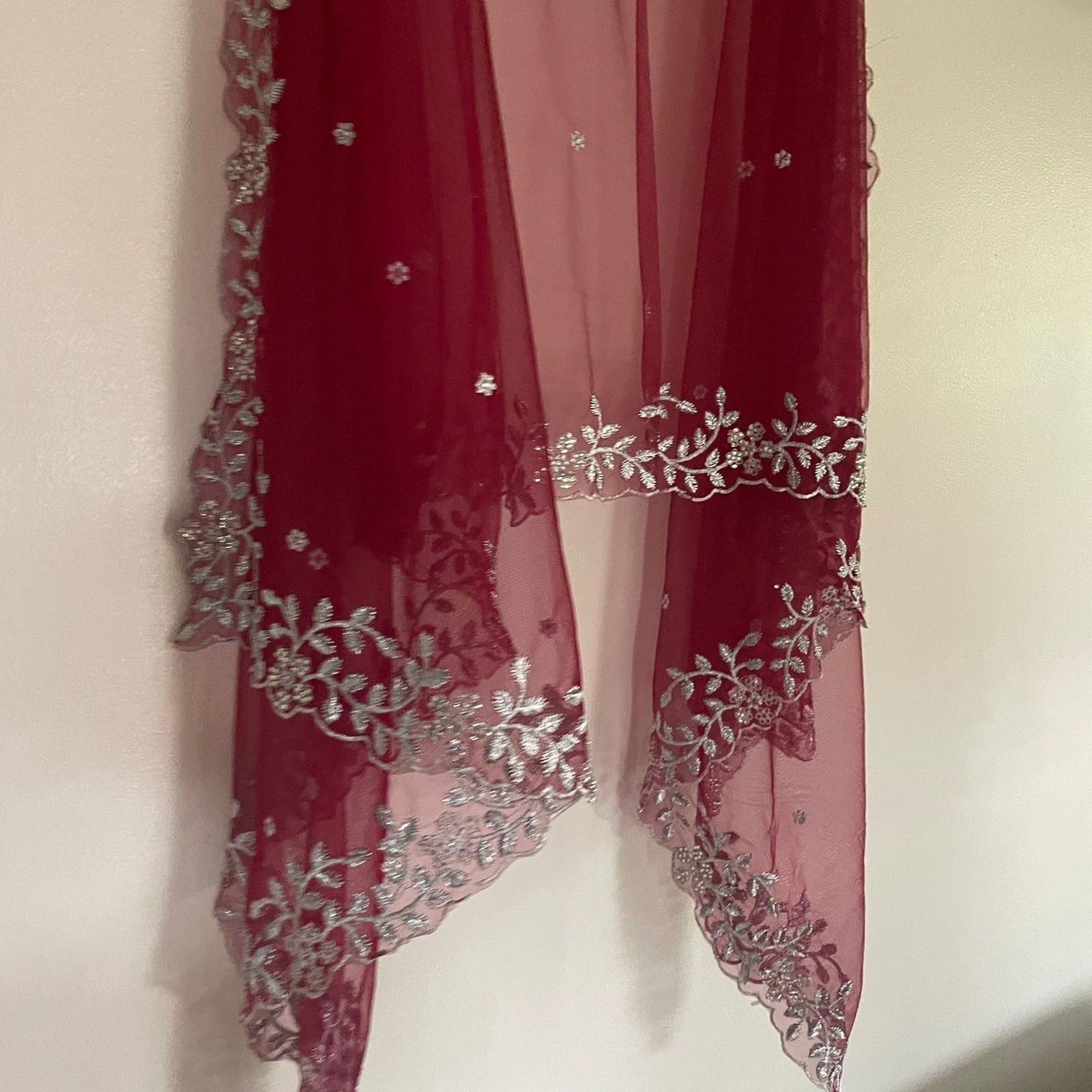 Maroon Silver Indian Wedding Dupatta long net embroidered scarf Punjabi dress dupattas with zari embroidery for festival chunni lehenga - Neel Creations By Saanvi
