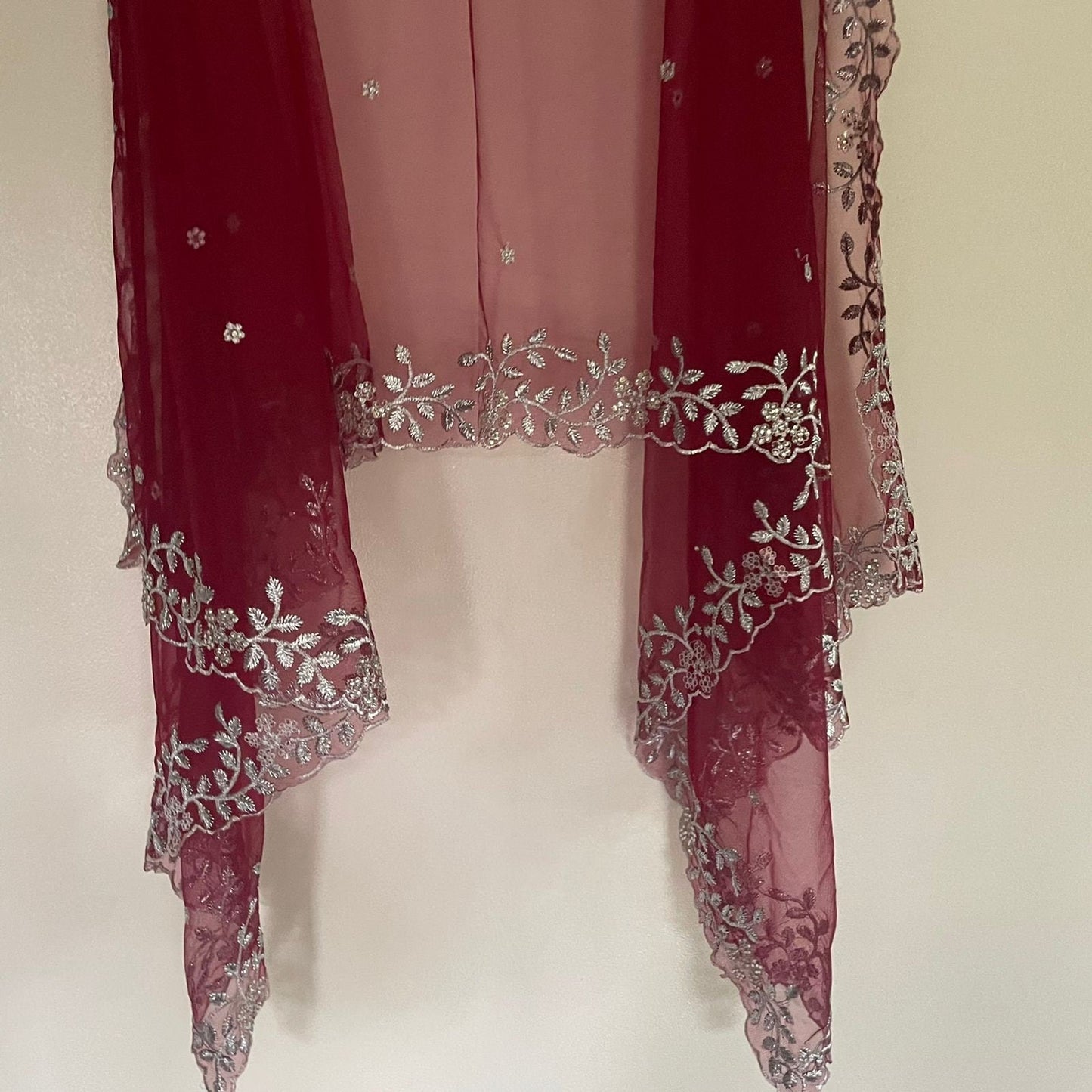 Maroon Silver Indian Wedding Dupatta long net embroidered scarf Punjabi dress dupattas with zari embroidery for festival chunni lehenga - Neel Creations By Saanvi