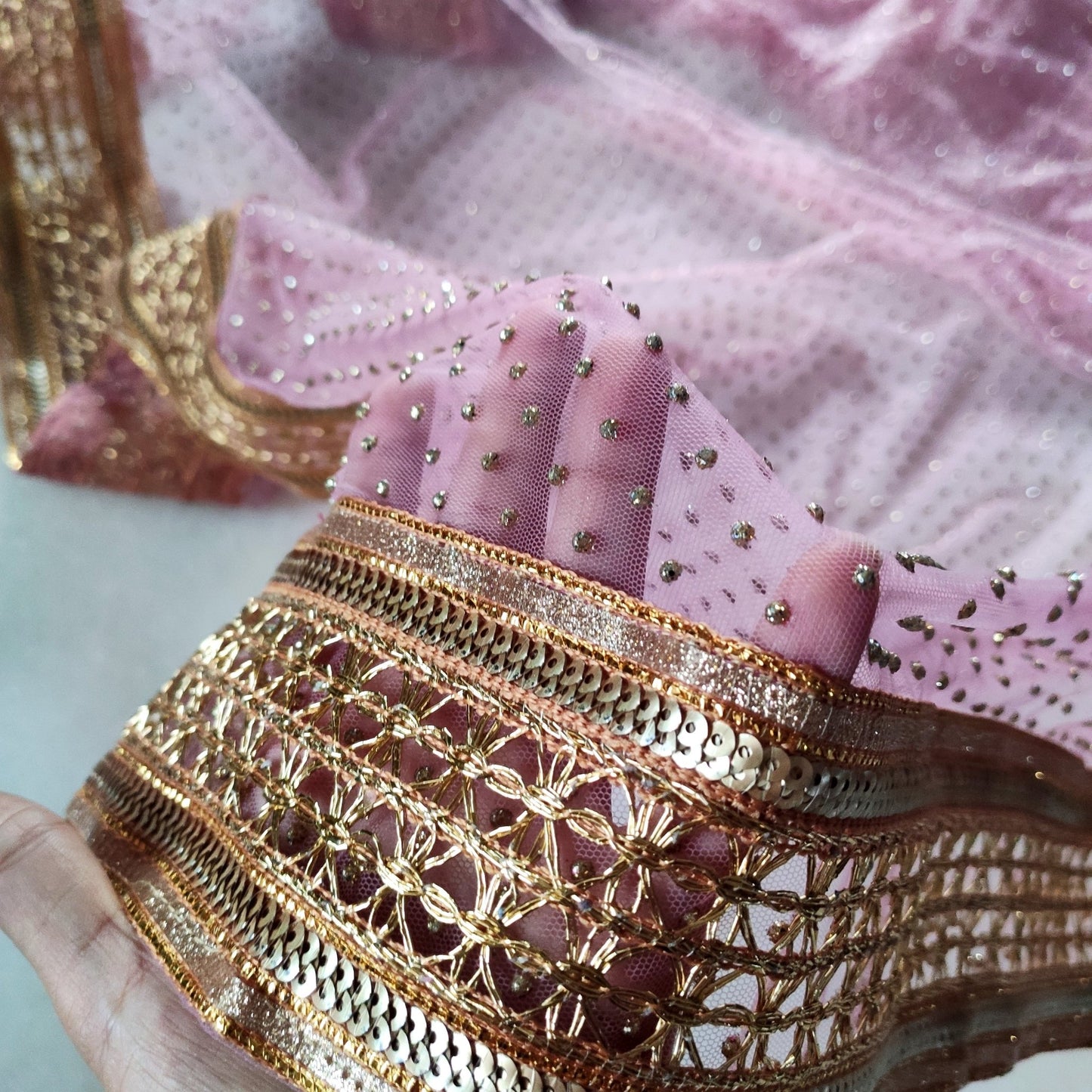 Mauve Indian net dupatta with glitter dots and gold border all over. Long bridal dupatta for women. - Neel Creations By Saanvi