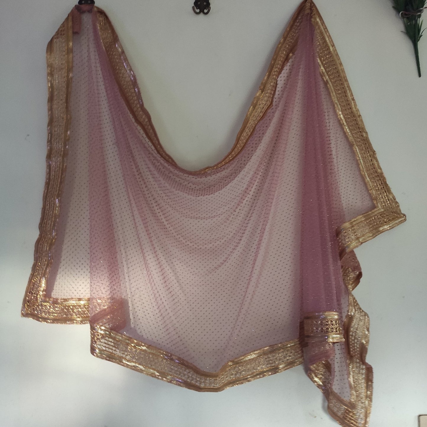 Mauve Indian net dupatta with glitter dots and gold border all over. Long bridal dupatta for women. - Neel Creations By Saanvi