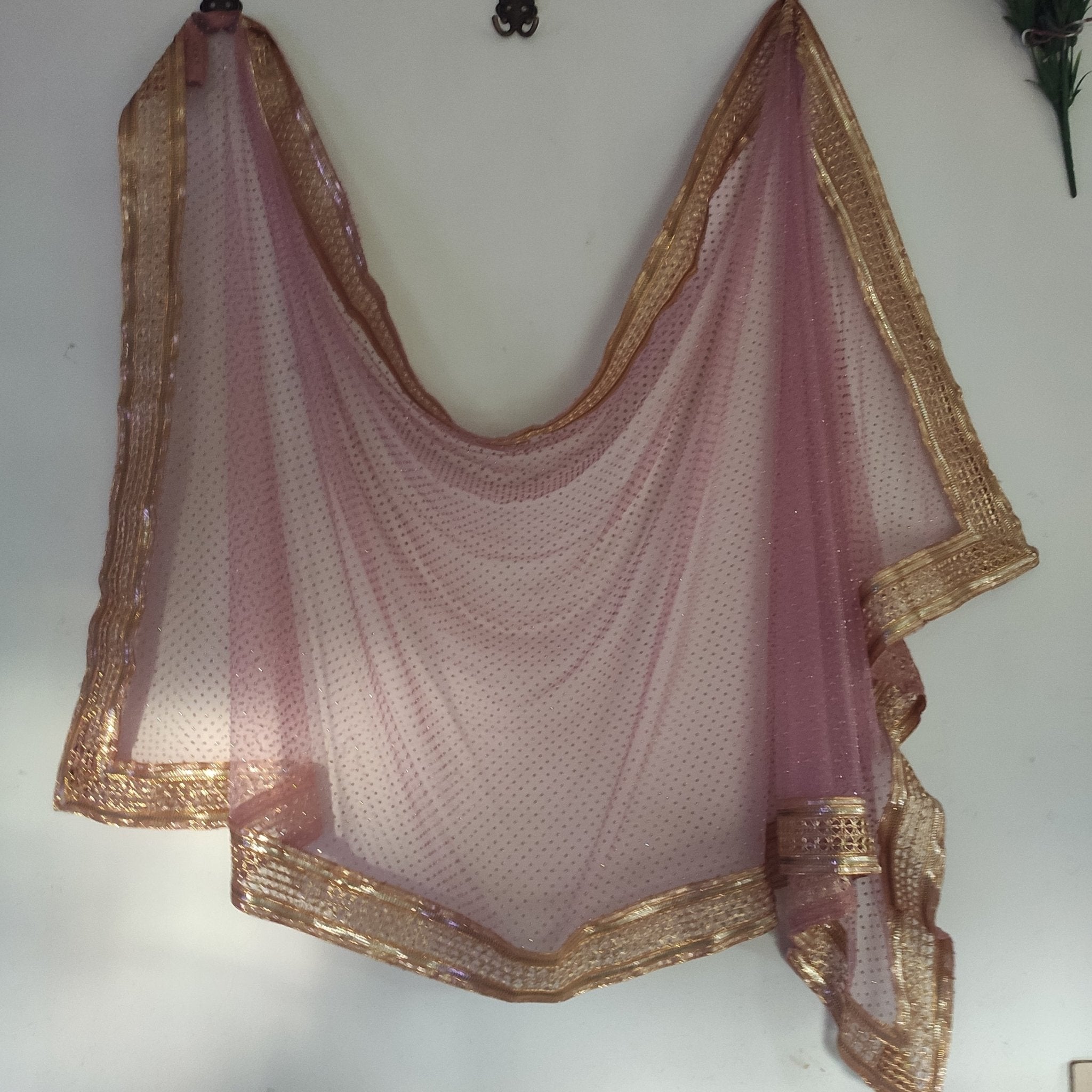 Mauve Indian net dupatta with glitter dots and gold border all over. Long bridal dupatta for women. - Neel Creations By Saanvi