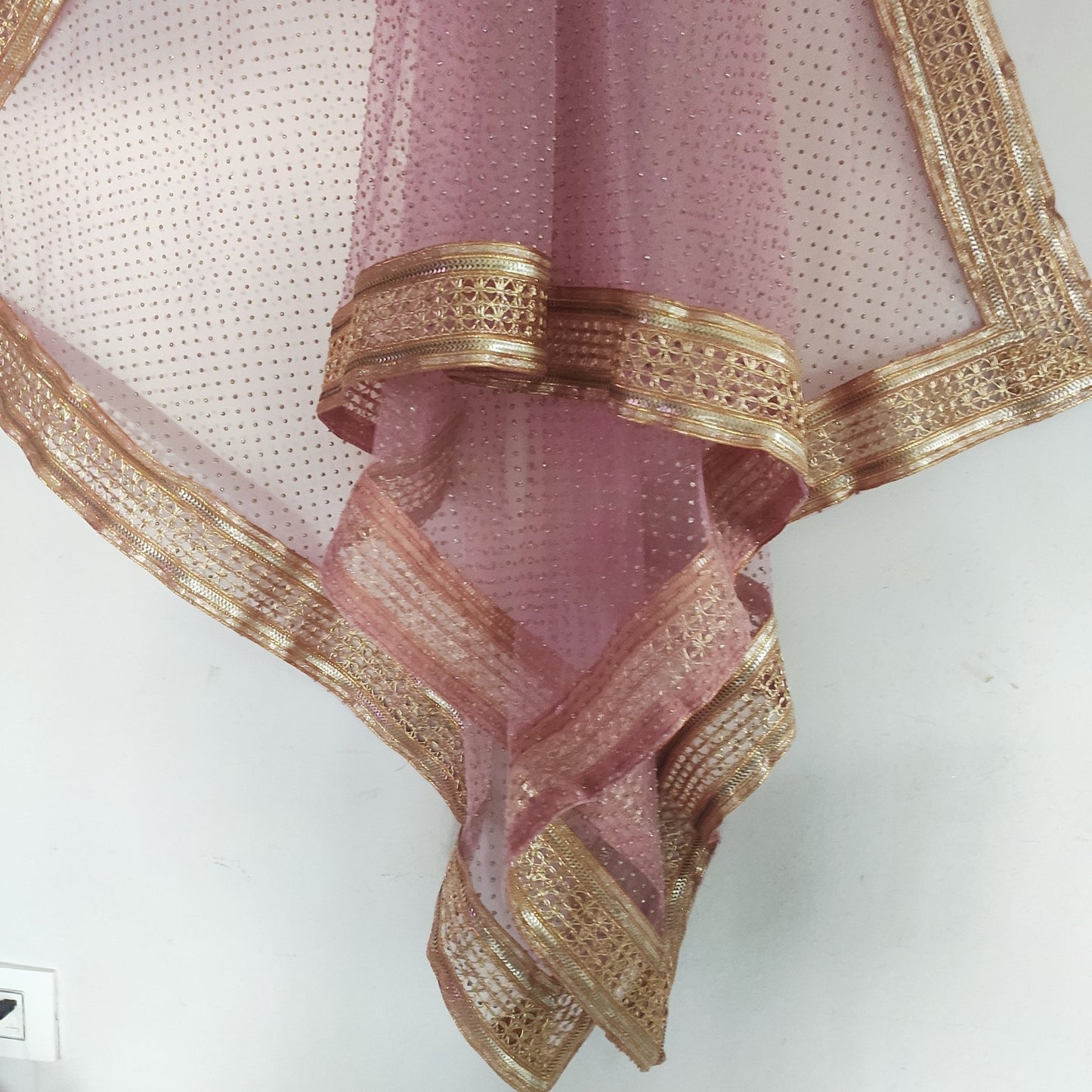 Mauve Indian net dupatta with glitter dots and gold border all over. Long bridal dupatta for women. - Neel Creations By Saanvi