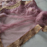 Mauve Indian net dupatta with glitter dots and gold border all over. Long bridal dupatta for women. - Neel Creations By Saanvi