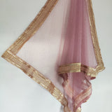 Mauve Indian net dupatta with glitter dots and gold border all over. Long bridal dupatta for women. - Neel Creations By Saanvi