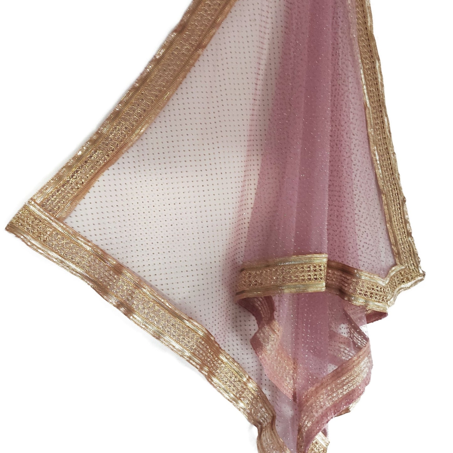 Mauve Indian net dupatta with glitter dots and gold border all over. Long bridal dupatta for women. - Neel Creations By Saanvi