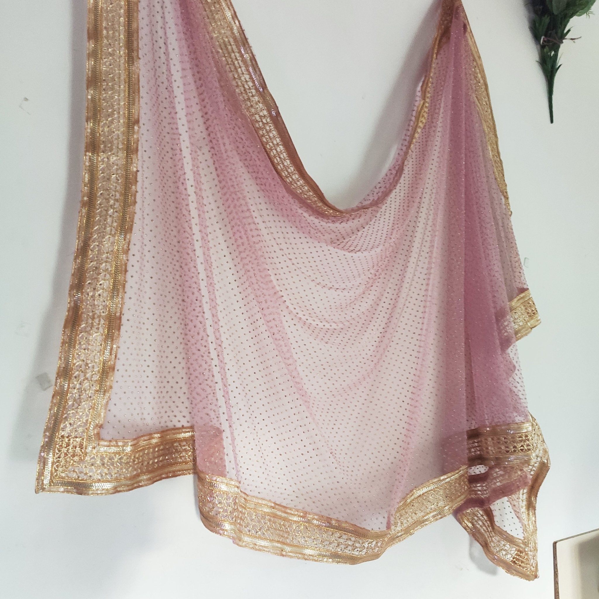 Mauve Indian net dupatta with glitter dots and gold border all over. Long bridal dupatta for women. - Neel Creations By Saanvi