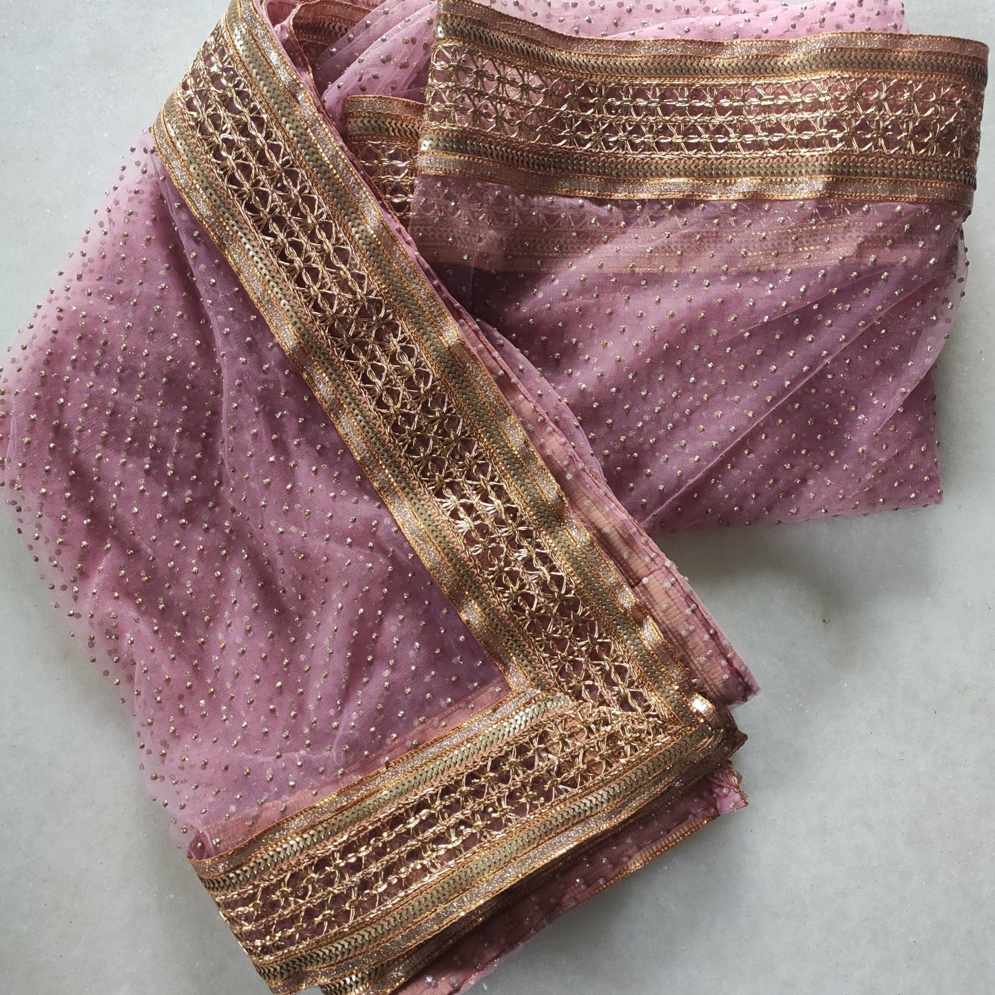 Mauve Indian net dupatta with glitter dots and gold border all over. Long bridal dupatta for women. - Neel Creations By Saanvi