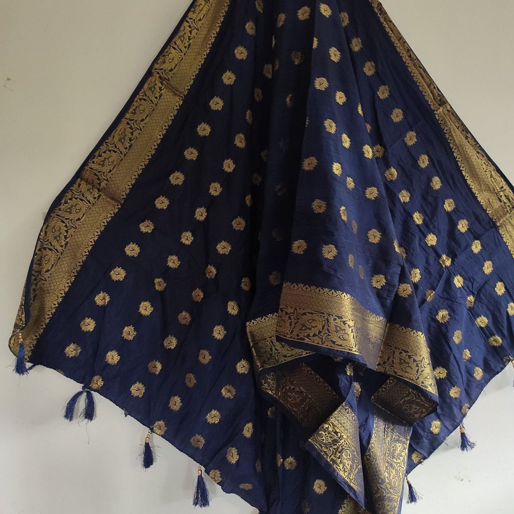 Navy blue with gold cotton silk Indian dupatta. - Neel Creations By Saanvi