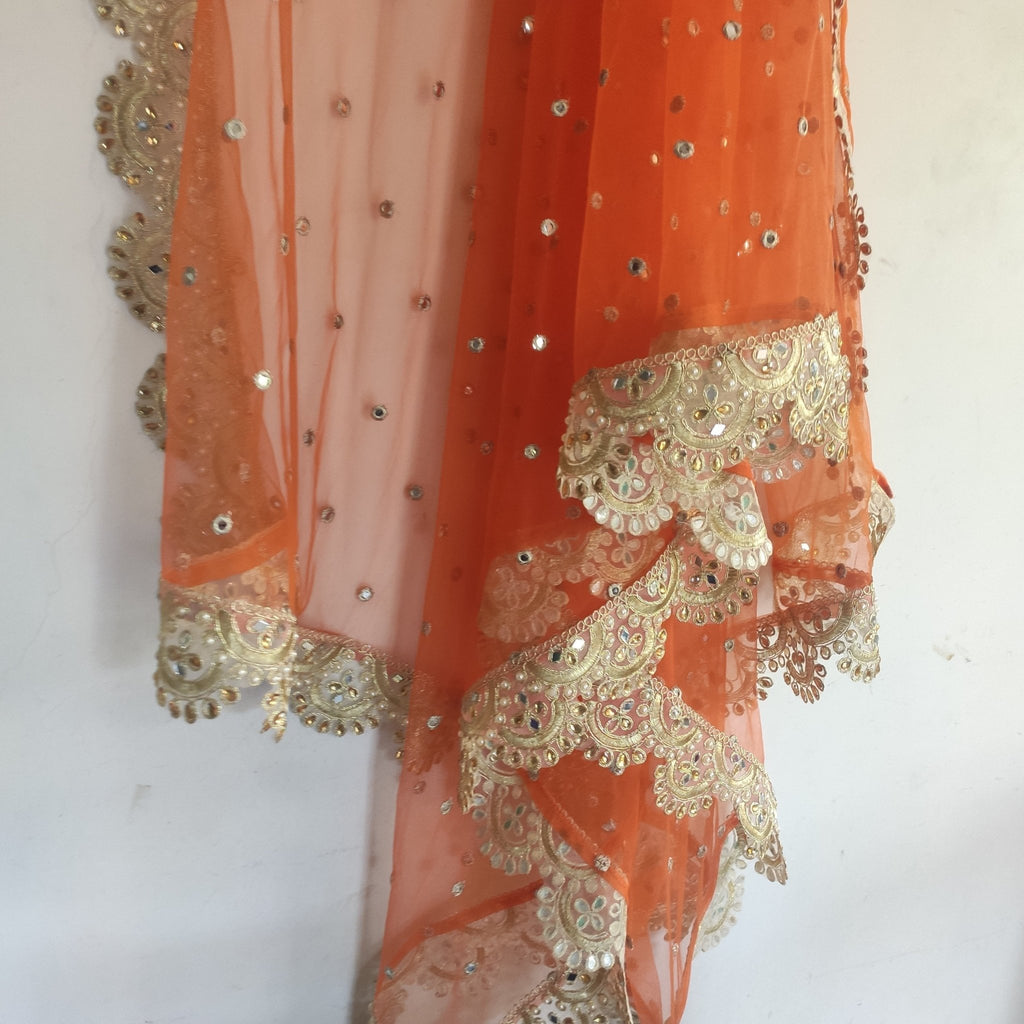 Orange Net dupatta with golden border | Indian dupatta | Bridal wedding veil scarf for women girls - Neel Creations By Saanvi