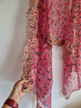 Organza dupatta printed floral dupatta. Printed with blue pink flowers dupatta and gold border - Neel Creations By Saanvi