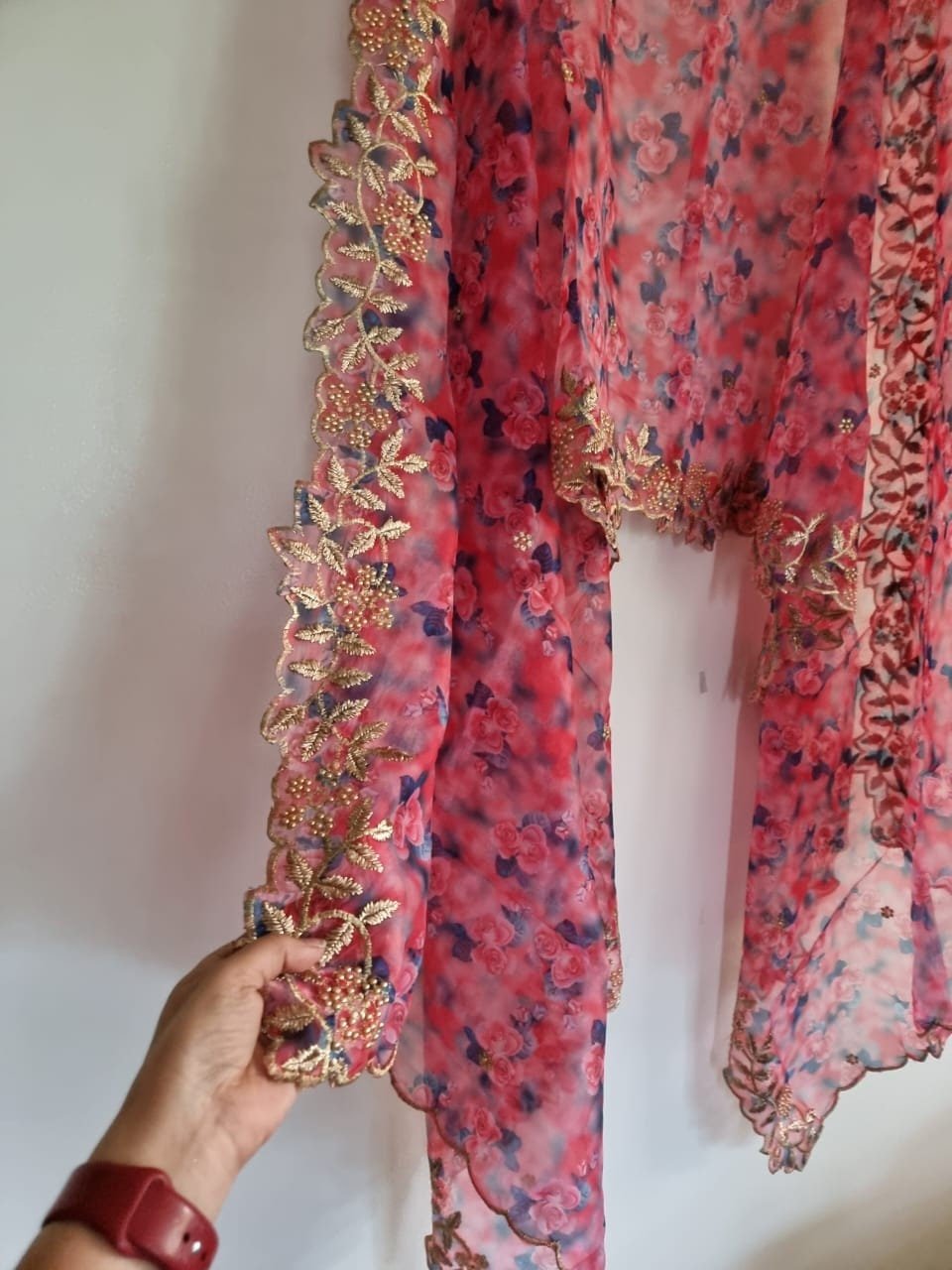 Organza dupatta printed floral dupatta. Printed with blue pink flowers dupatta and gold border - Neel Creations By Saanvi