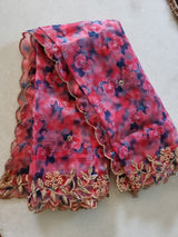 Organza dupatta printed floral dupatta. Printed with blue pink flowers dupatta and gold border - Neel Creations By Saanvi