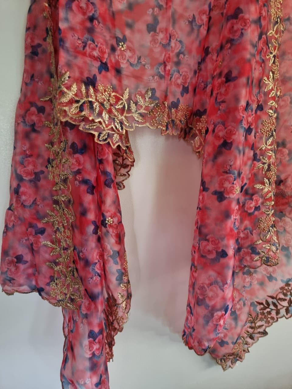 Organza dupatta printed floral dupatta. Printed with blue pink flowers dupatta and gold border - Neel Creations By Saanvi