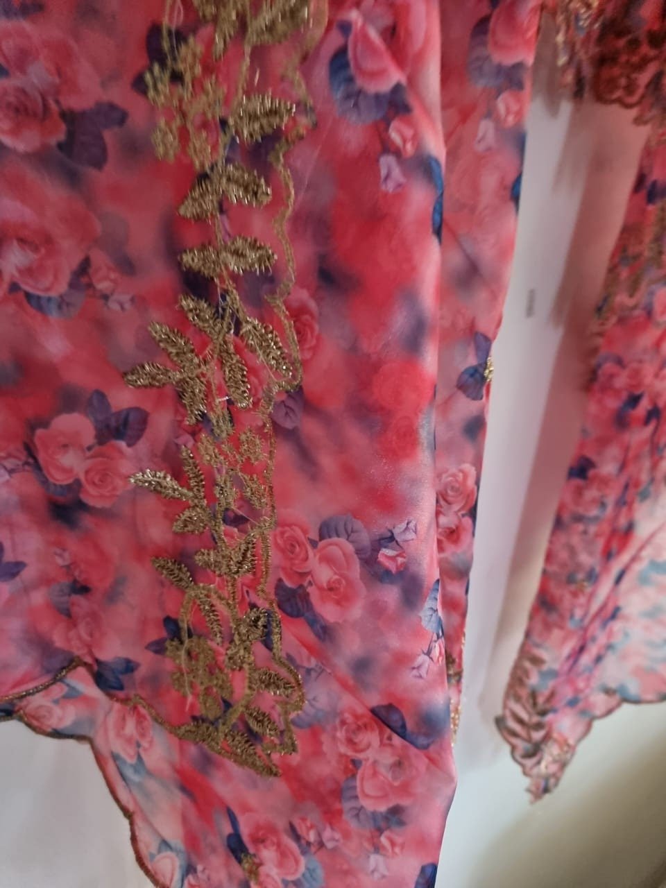 Organza dupatta printed floral dupatta. Printed with blue pink flowers dupatta and gold border - Neel Creations By Saanvi