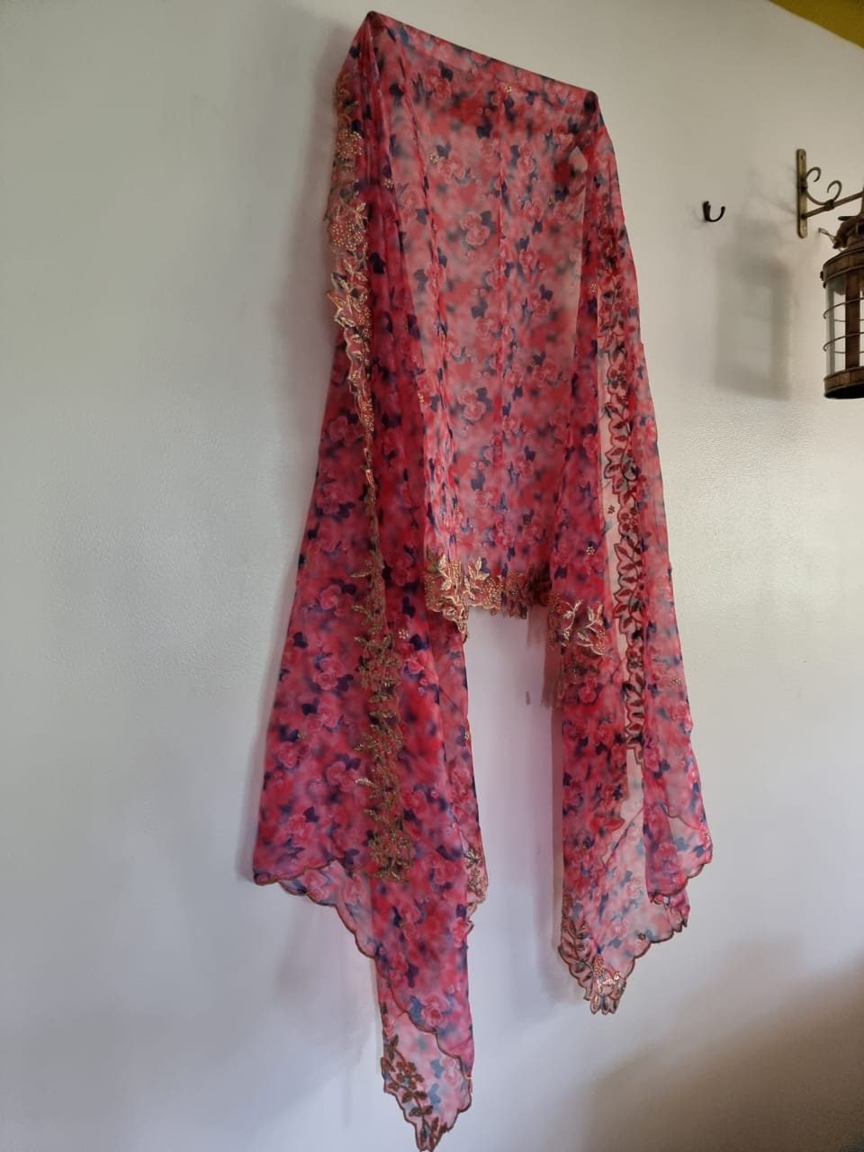 Organza dupatta printed floral dupatta. Printed with blue pink flowers dupatta and gold border - Neel Creations By Saanvi