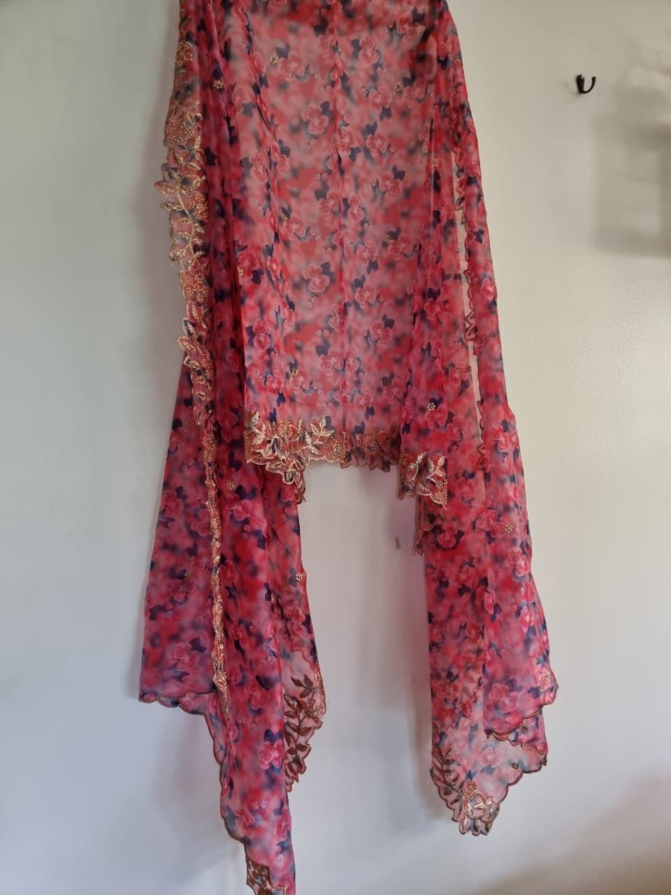 Organza dupatta printed floral dupatta. Printed with blue pink flowers dupatta and gold border - Neel Creations By Saanvi