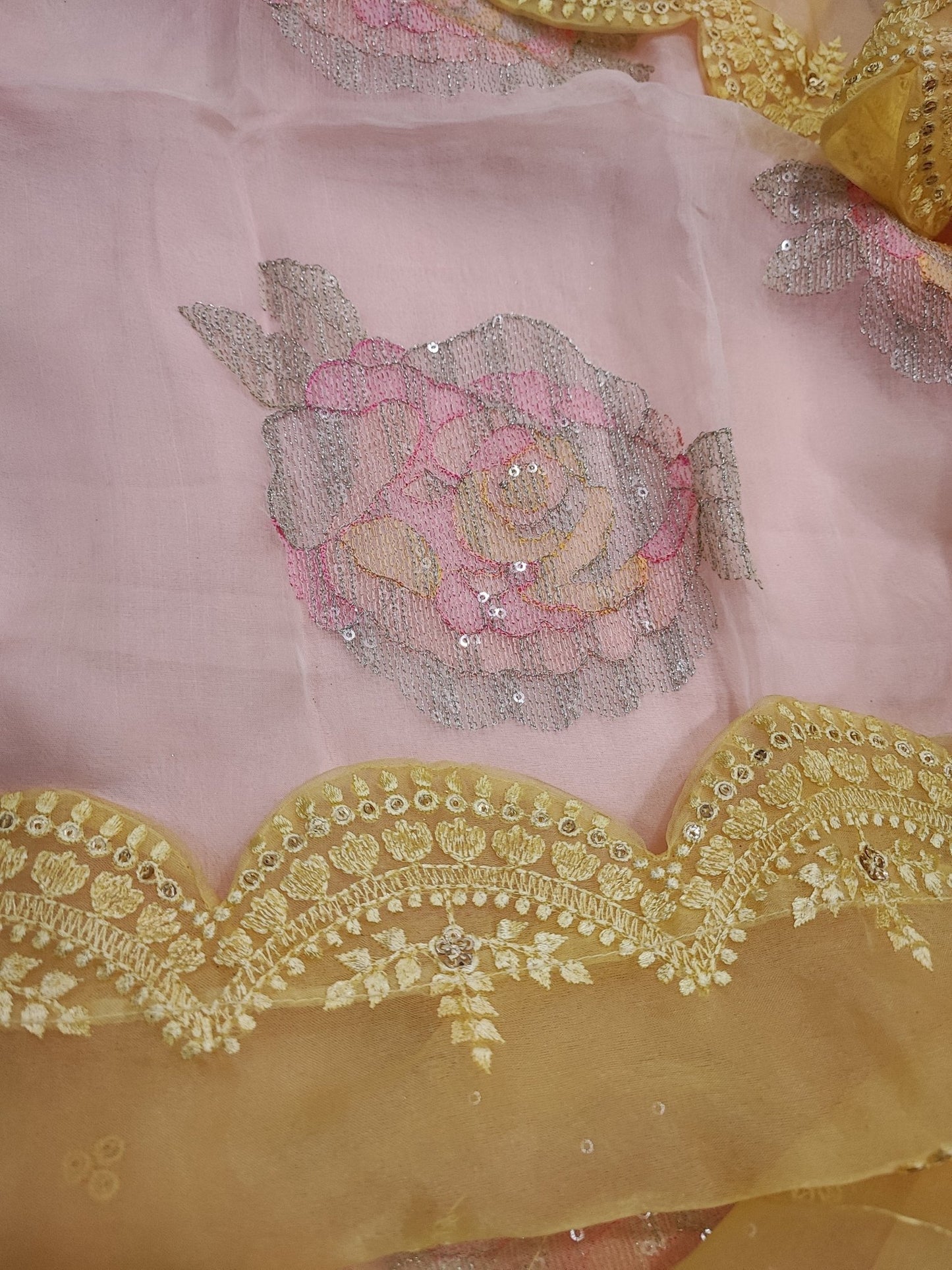 Pastel color Embroidered suit material with organza dupatta scallop border - Neel Creations By Saanvi