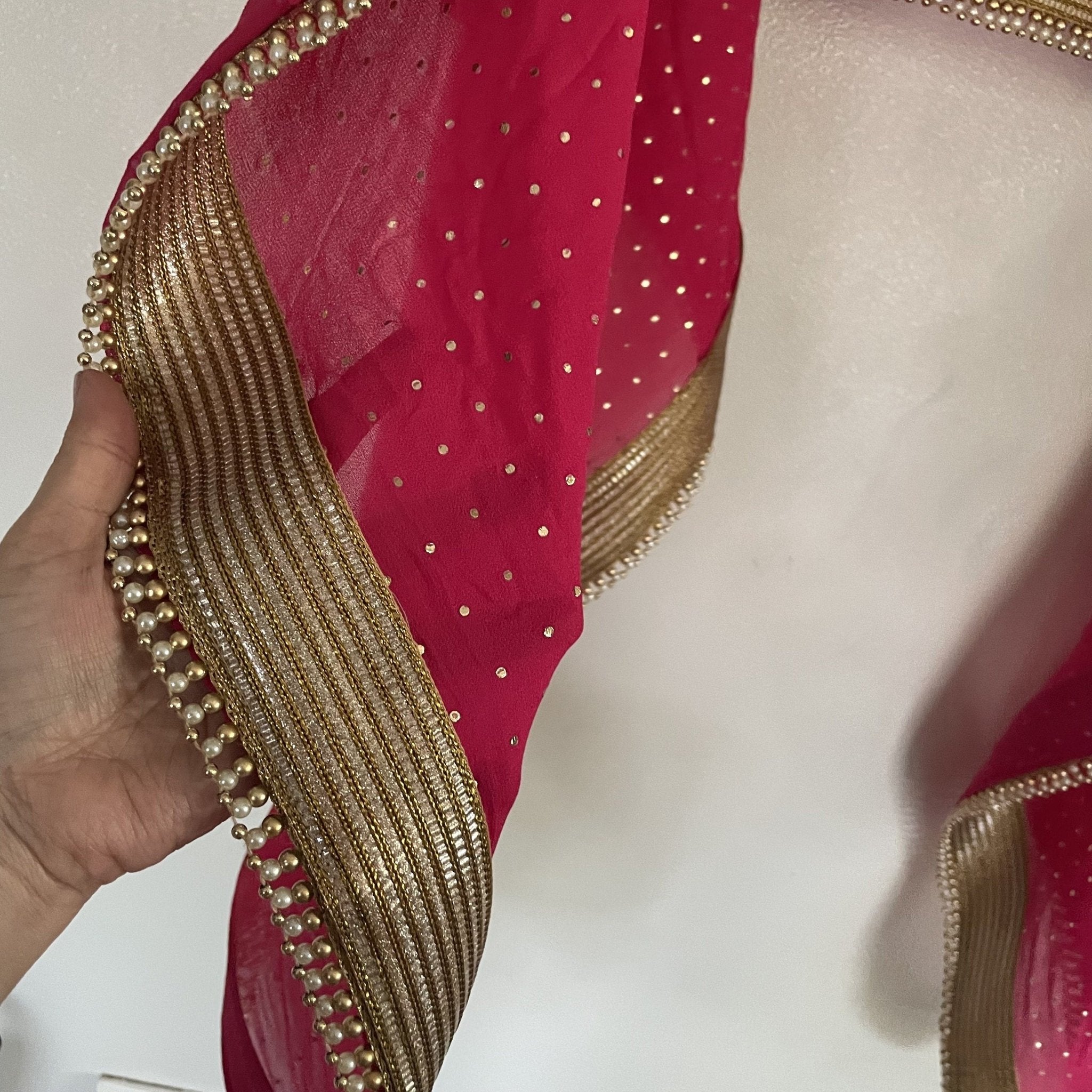 Pink Bridal Indian sheer dupatta for women with beaded border lace. - Neel Creations By Saanvi