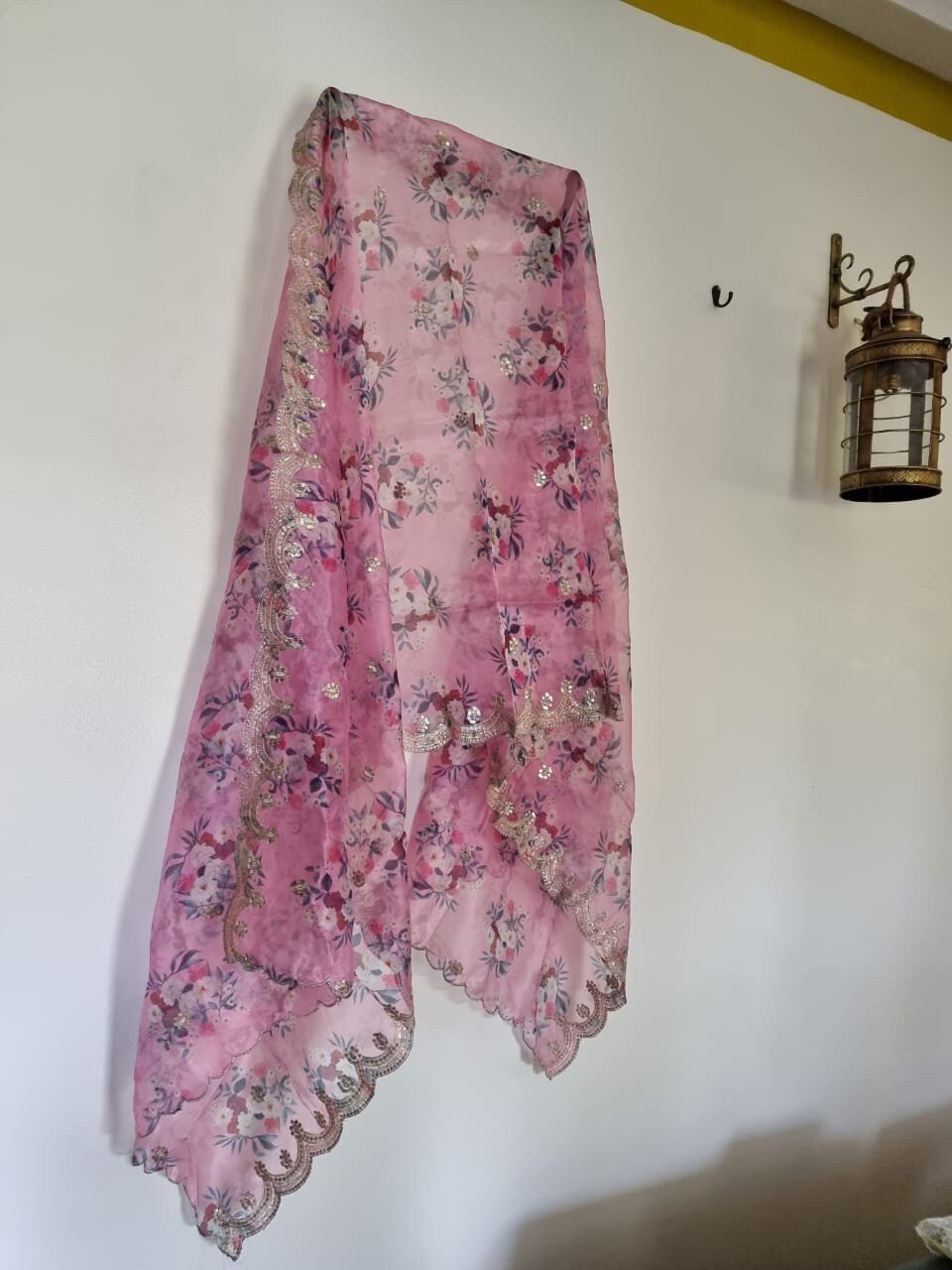 Pink floral dupatta for women. Organza dupatta with embroidered border. - Neel Creations By Saanvi