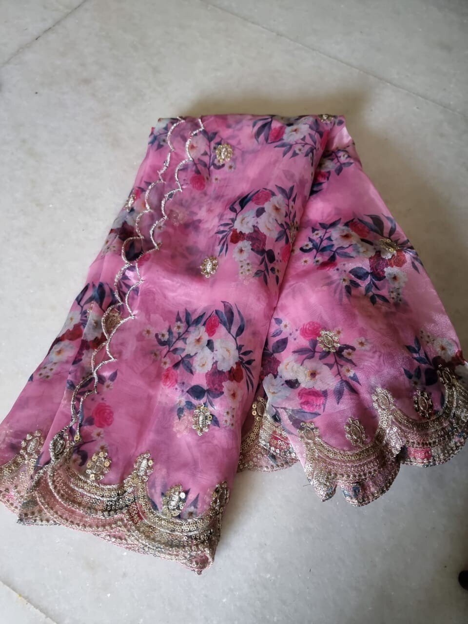 Pink floral dupatta for women. Organza dupatta with embroidered border. - Neel Creations By Saanvi
