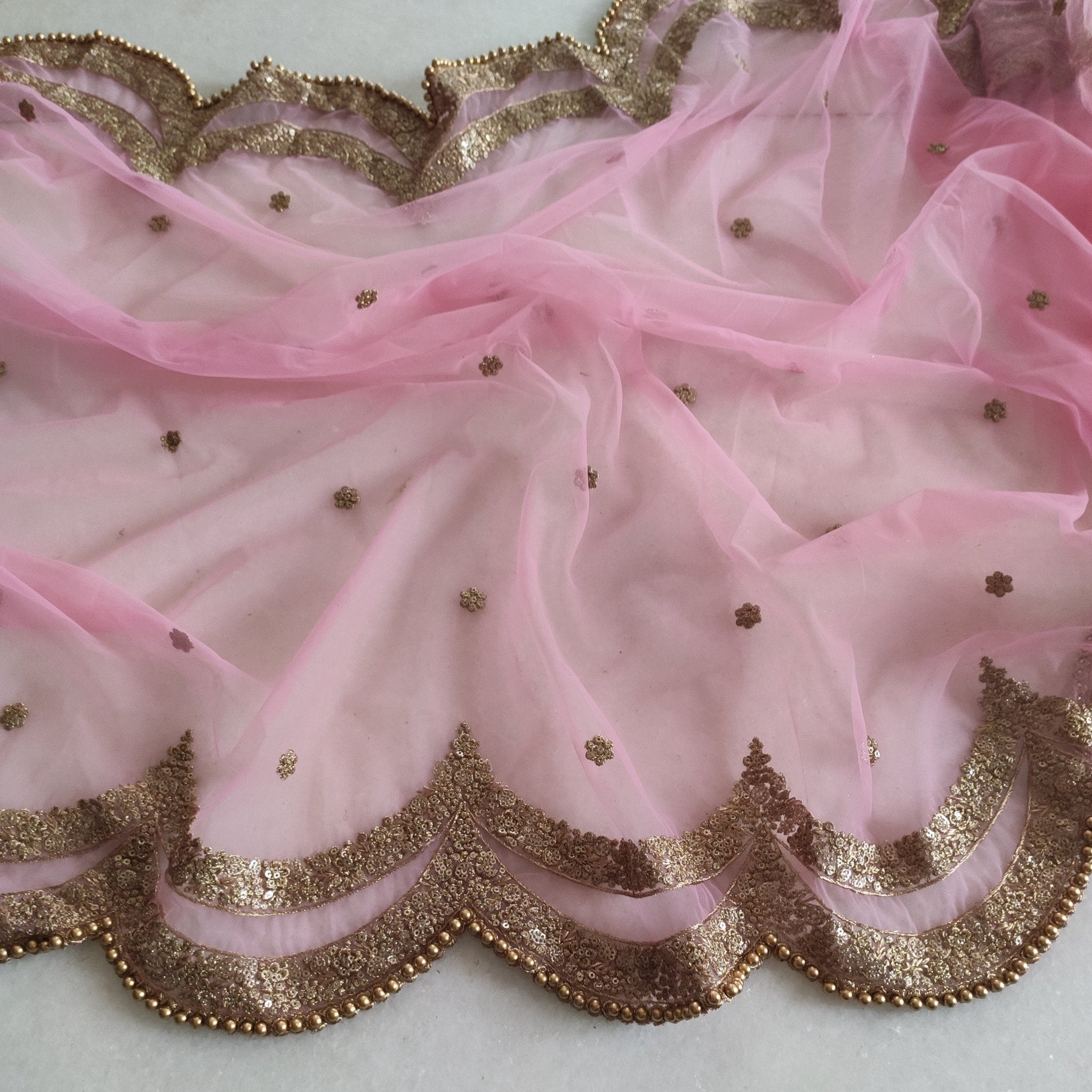 Pink Indian dupatta. Long net embroidered scalloped bridal dupatta. - Neel Creations By Saanvi