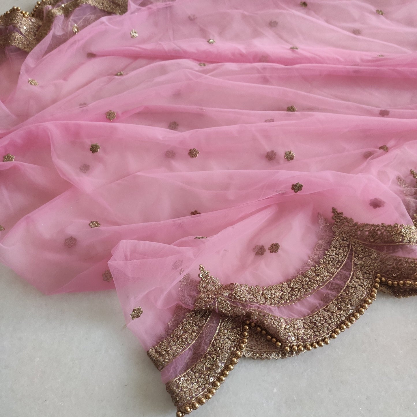 Pink Indian dupatta. Long net embroidered scalloped bridal dupatta. - Neel Creations By Saanvi