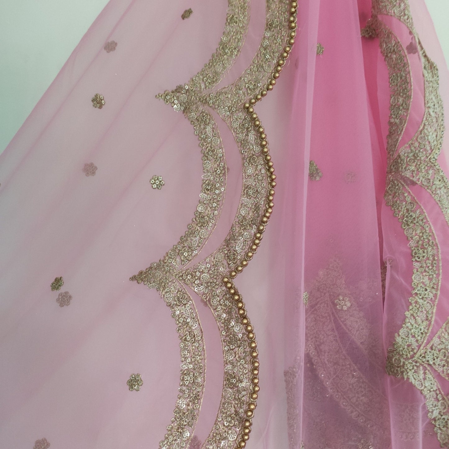 Pink Indian dupatta. Long net embroidered scalloped bridal dupatta. - Neel Creations By Saanvi