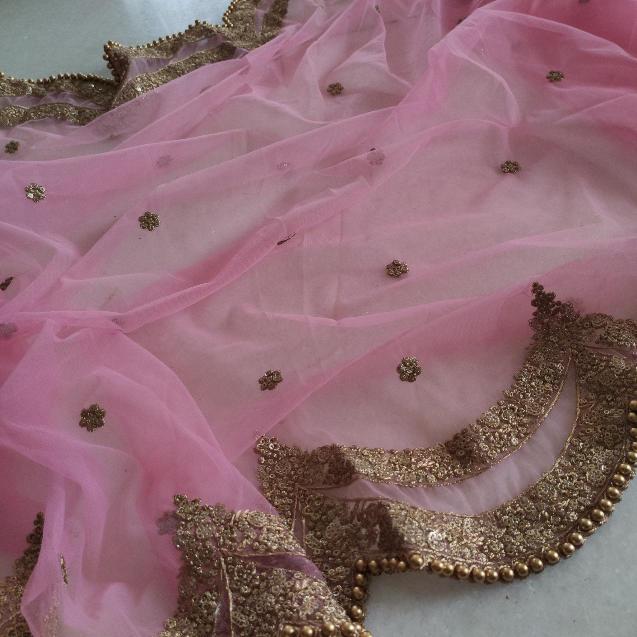 Pink Indian dupatta. Long net embroidered scalloped bridal dupatta. - Neel Creations By Saanvi