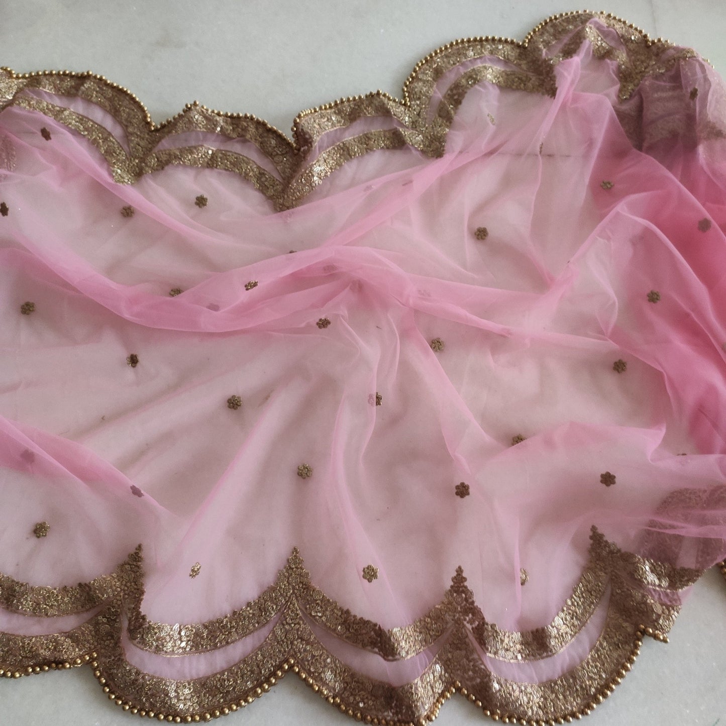 Pink Indian dupatta. Long net embroidered scalloped bridal dupatta. - Neel Creations By Saanvi