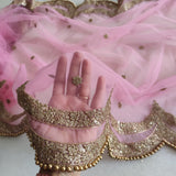 Pink Indian dupatta. Long net embroidered scalloped bridal dupatta. - Neel Creations By Saanvi