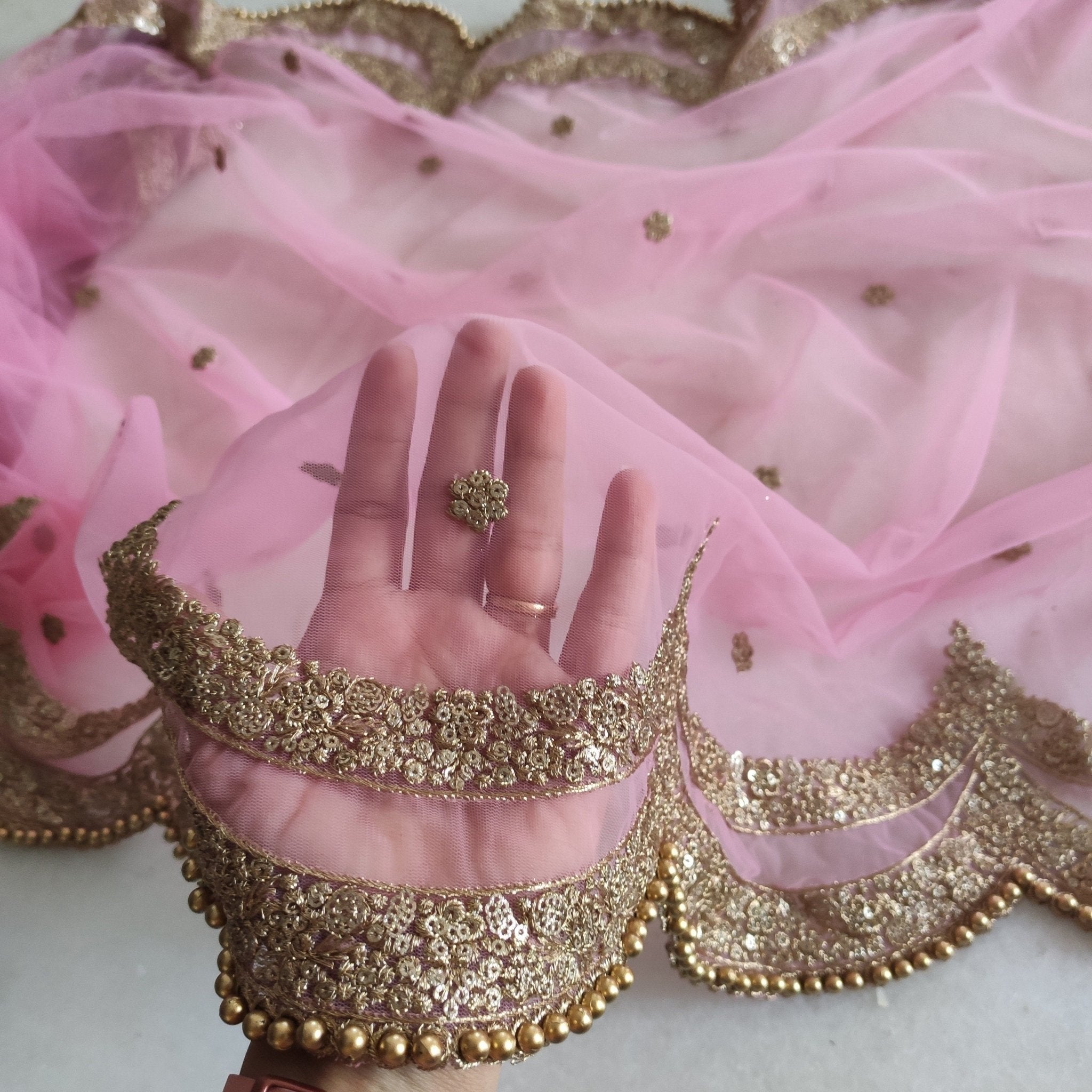 Pink Indian dupatta. Long net embroidered scalloped bridal dupatta. - Neel Creations By Saanvi