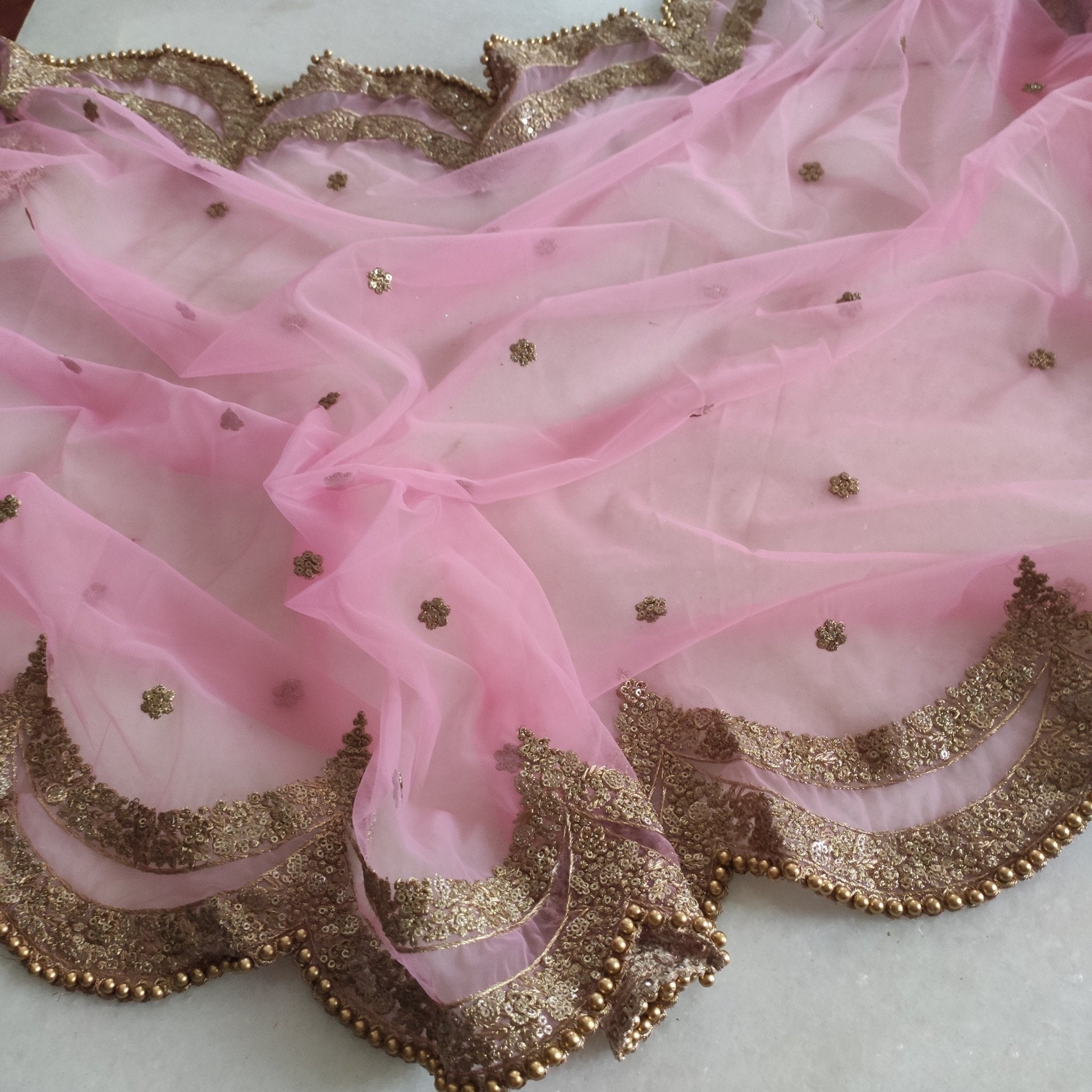Pink Indian dupatta. Long net embroidered scalloped bridal dupatta. - Neel Creations By Saanvi