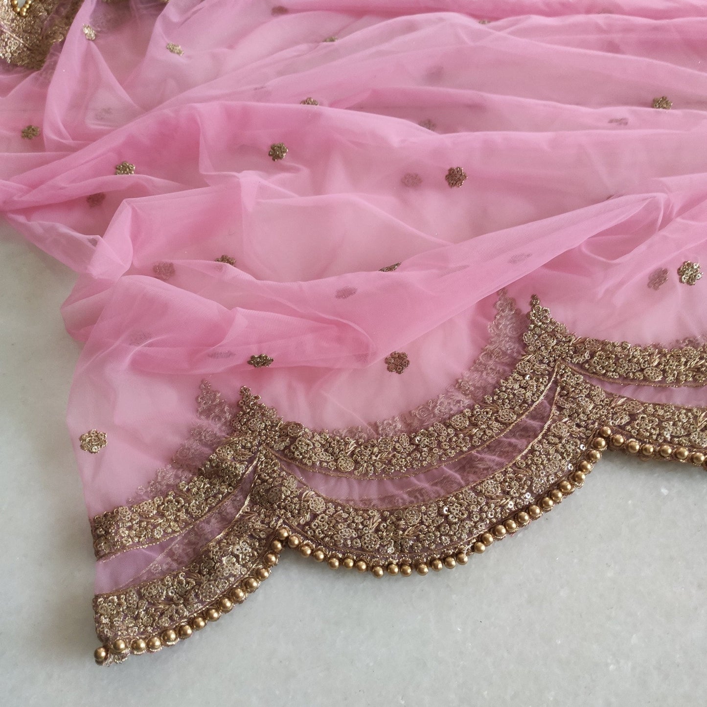Pink Indian dupatta. Long net embroidered scalloped bridal dupatta. - Neel Creations By Saanvi