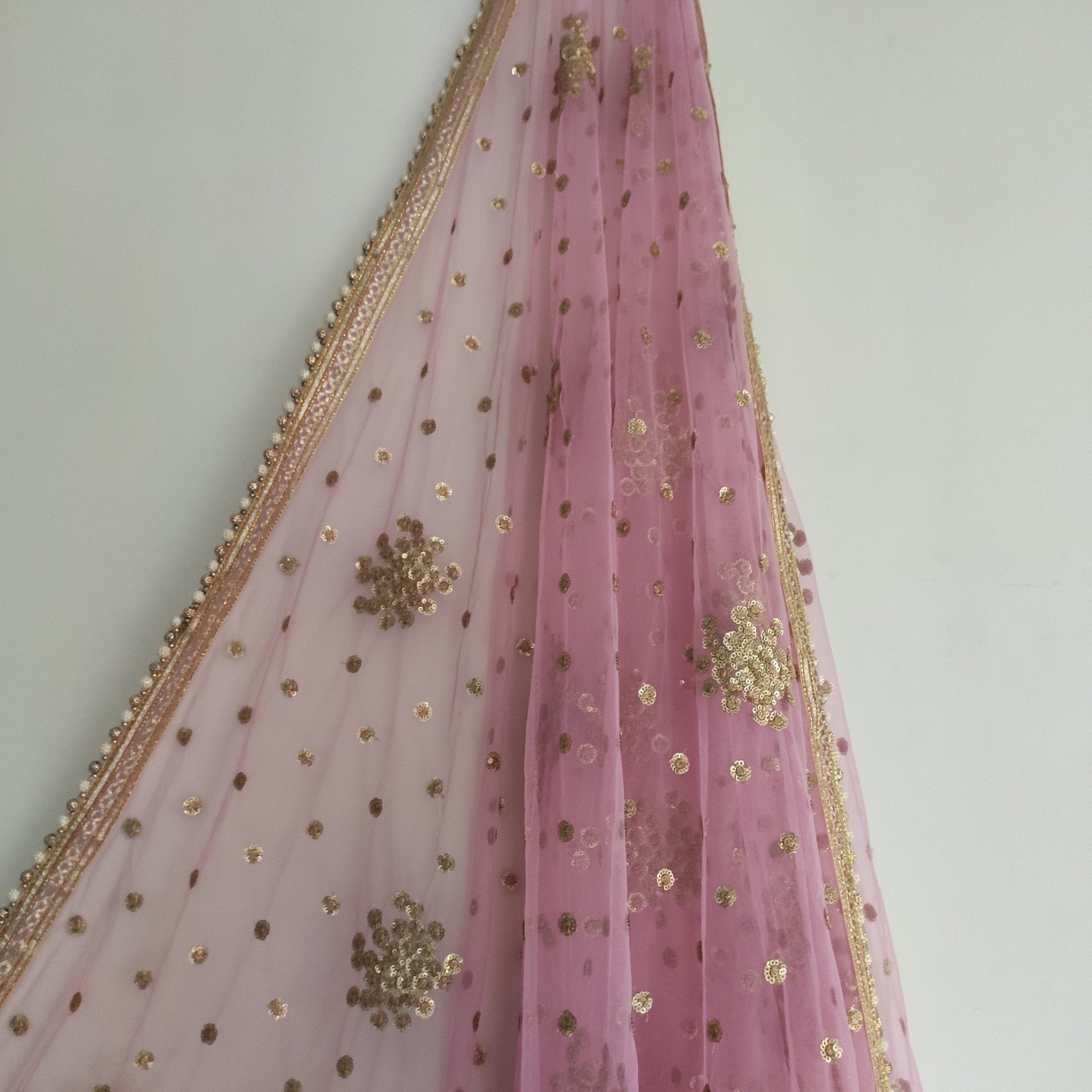 Pink Net dupatta with beaded border. wedding veil. - Neel Creations By Saanvi
