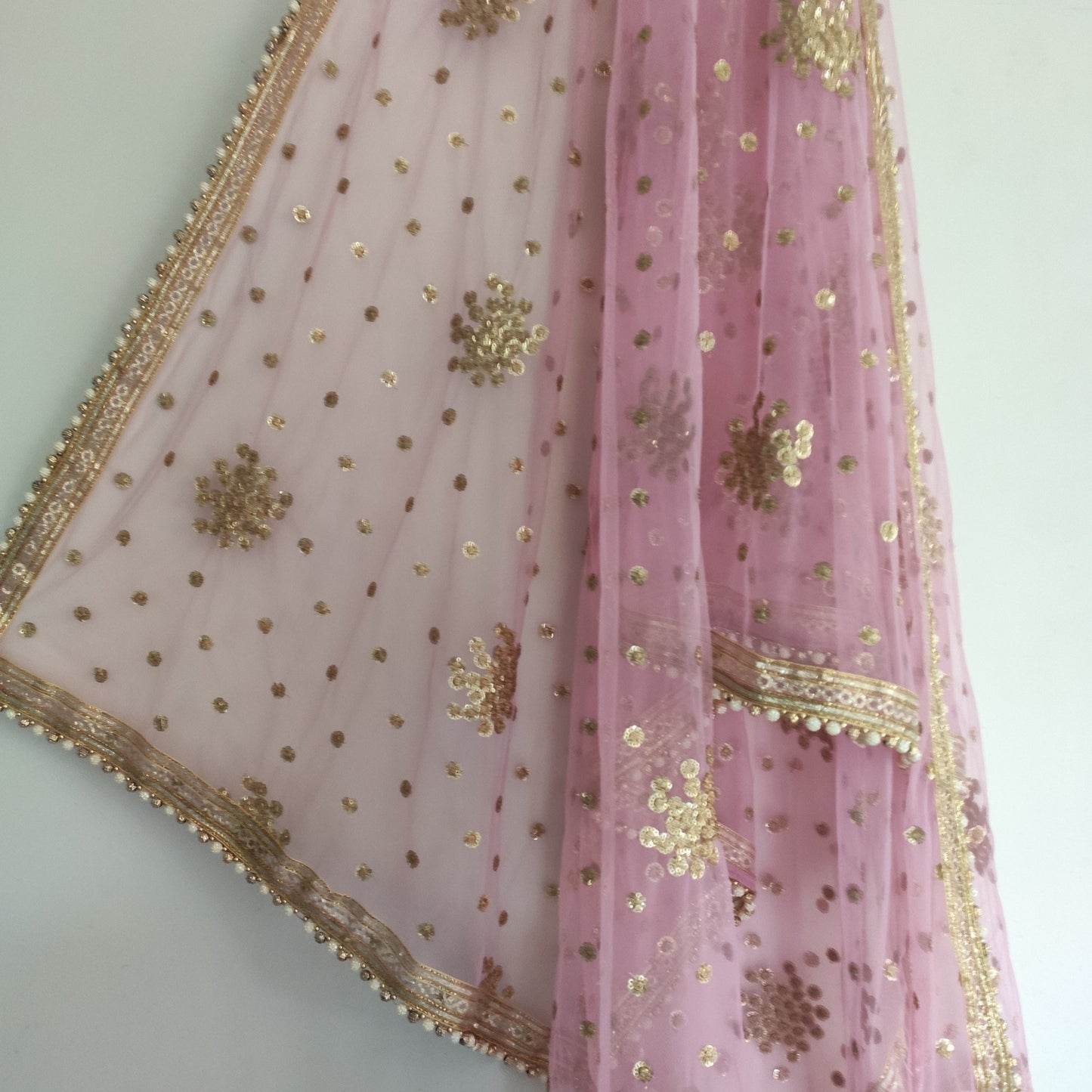 Pink Net dupatta with beaded border. wedding veil. - Neel Creations By Saanvi