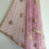 Pink Net dupatta with beaded border. wedding veil. - Neel Creations By Saanvi