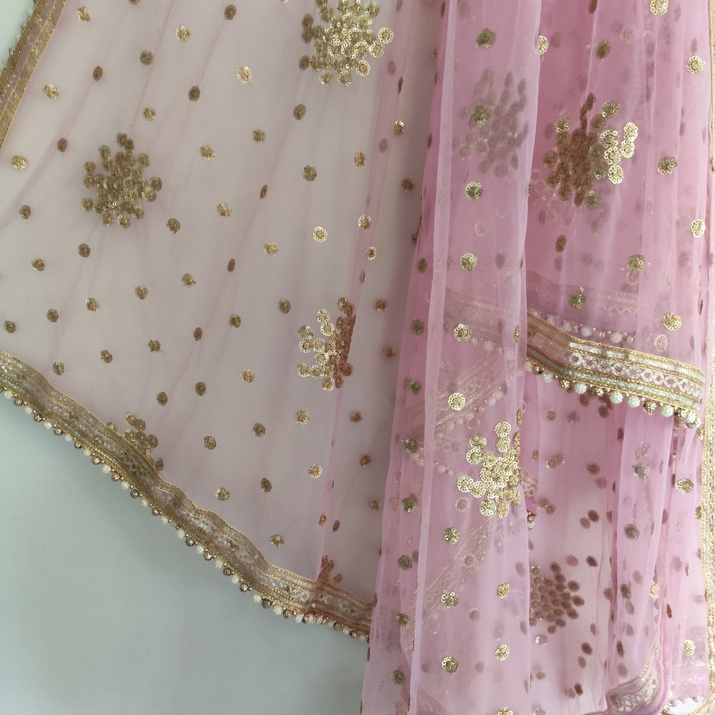 Pink Net dupatta with beaded border. wedding veil. - Neel Creations By Saanvi