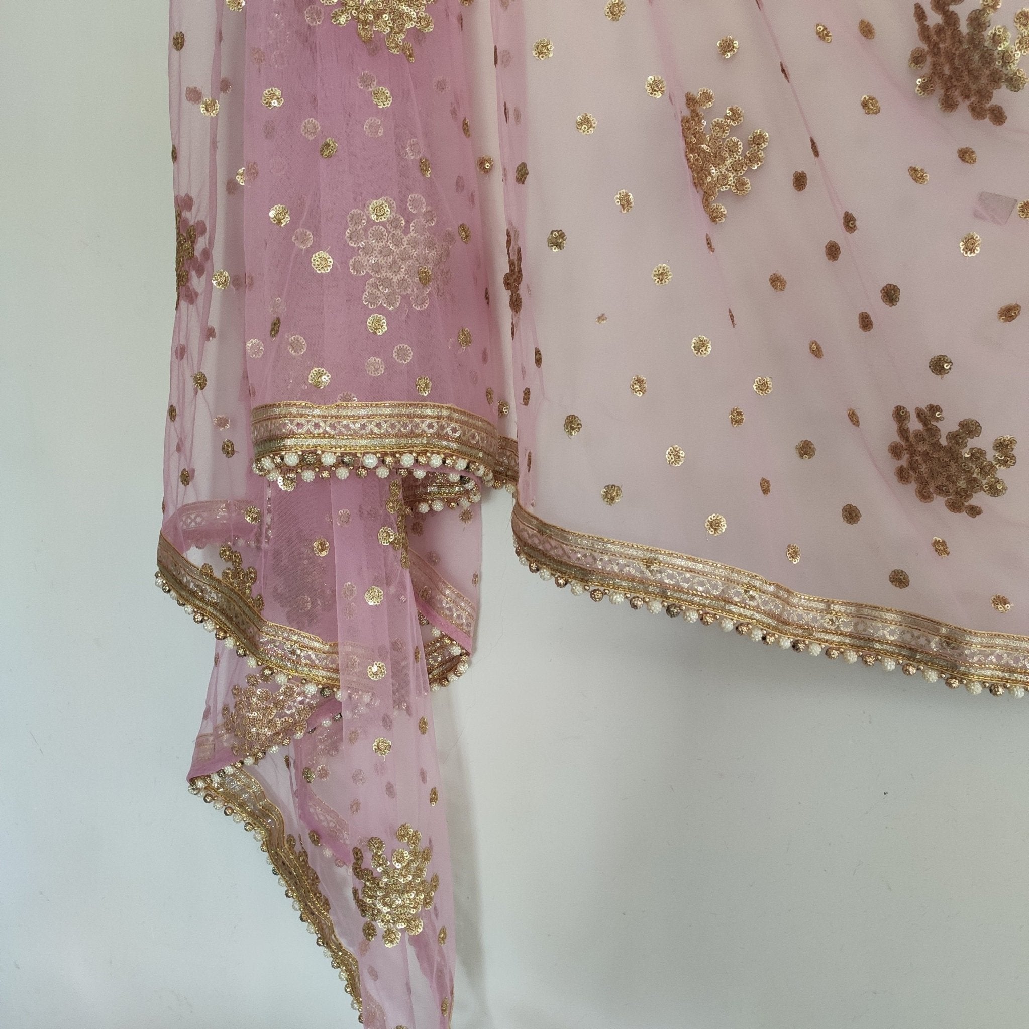 Pink Net dupatta with beaded border. wedding veil. - Neel Creations By Saanvi
