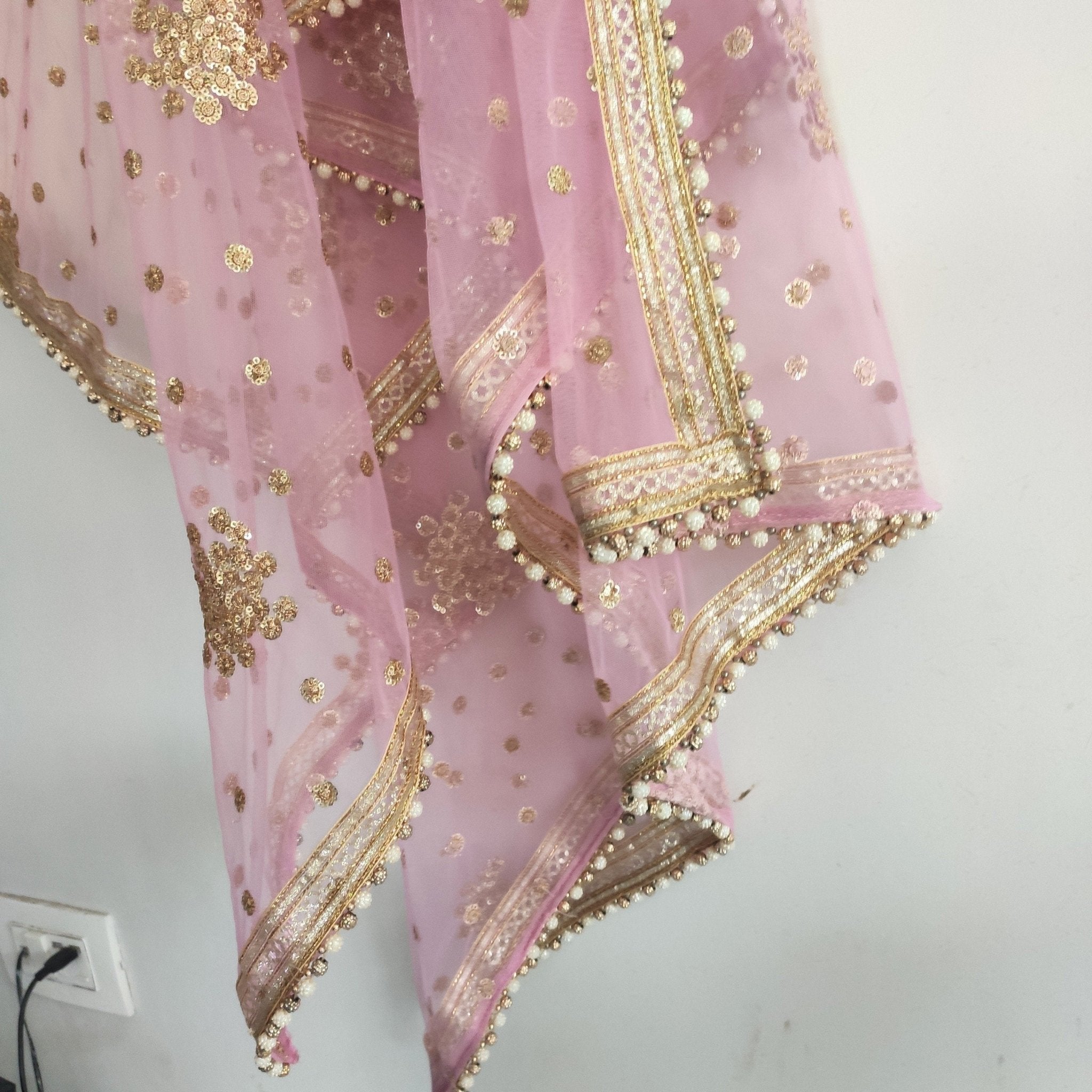 Pink Net dupatta with beaded border. wedding veil. - Neel Creations By Saanvi