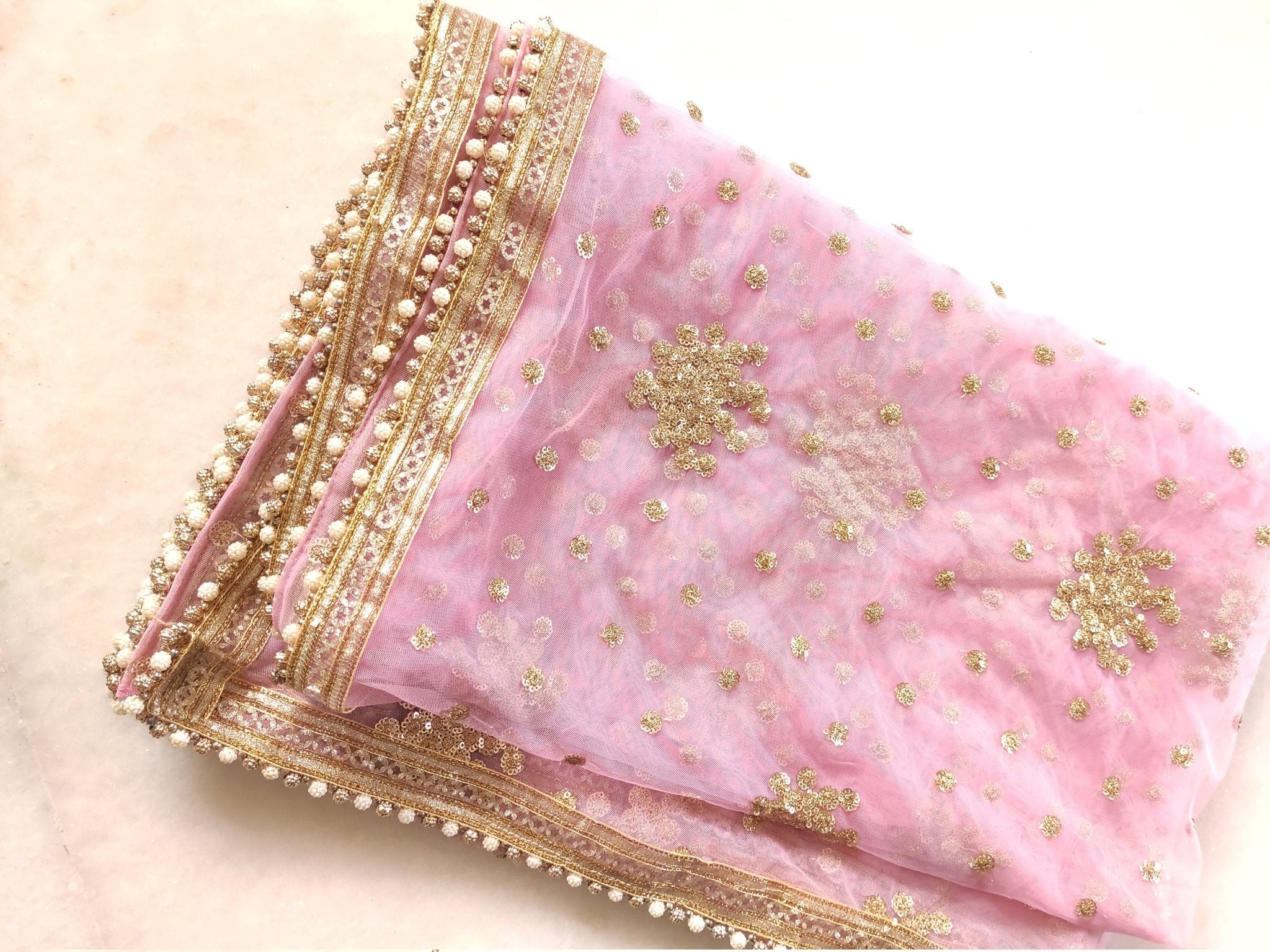 Pink Net dupatta with beaded border. wedding veil. - Neel Creations By Saanvi